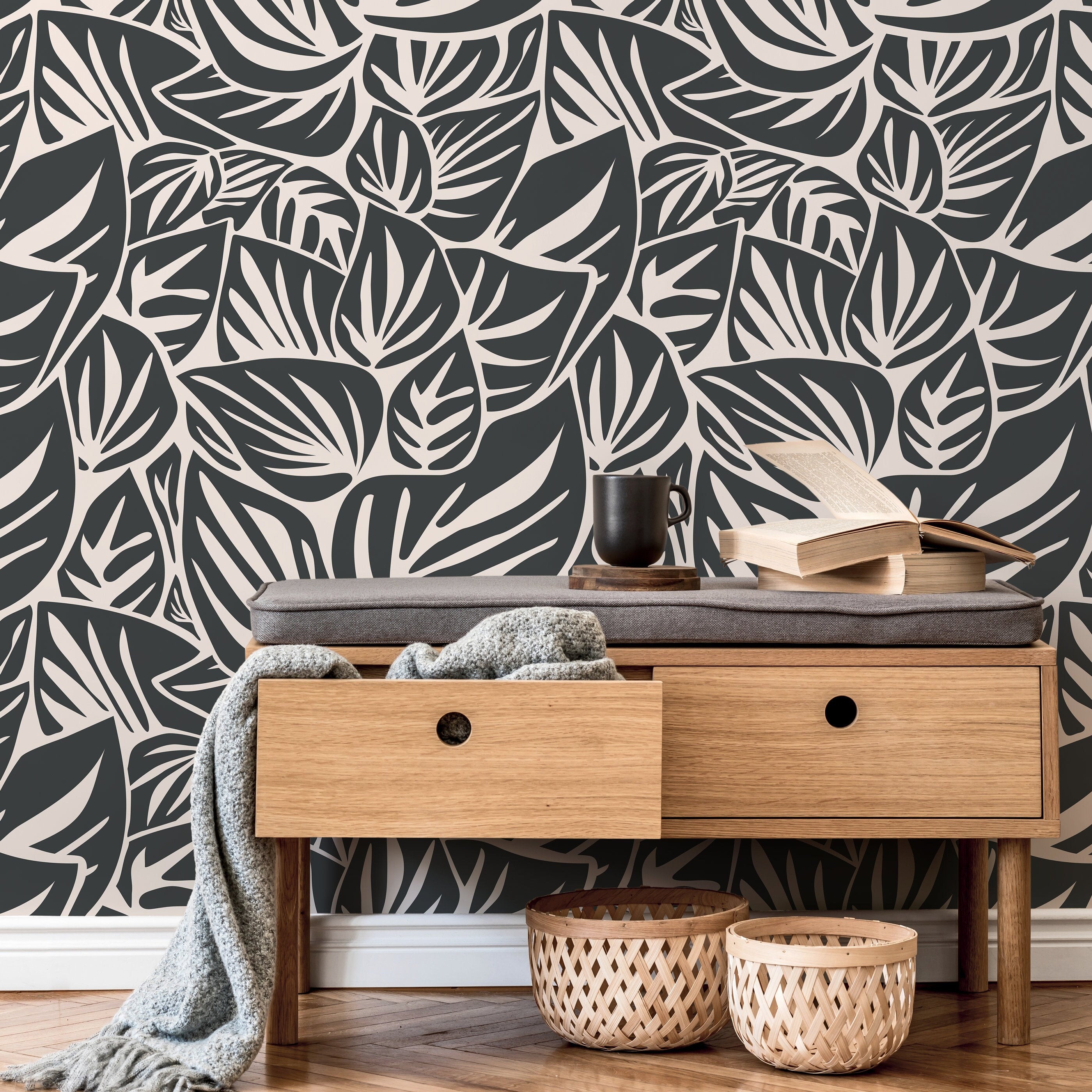 Leaf Wallpaper With An Abstract Motif In Gray And Beige - D649