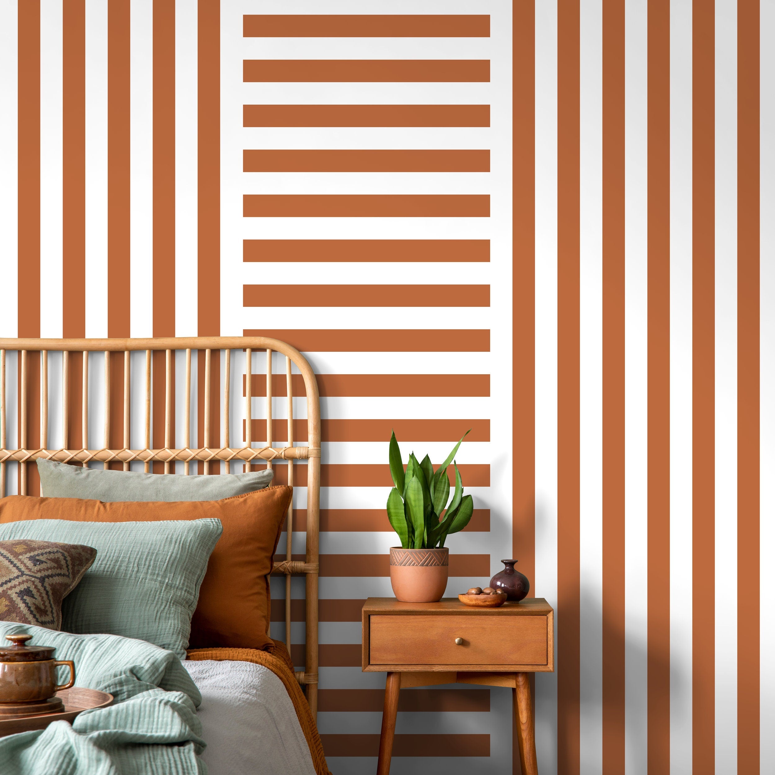 Geometric Wallpaper With Bold Alternating Stripes In Terracotta And White - D739