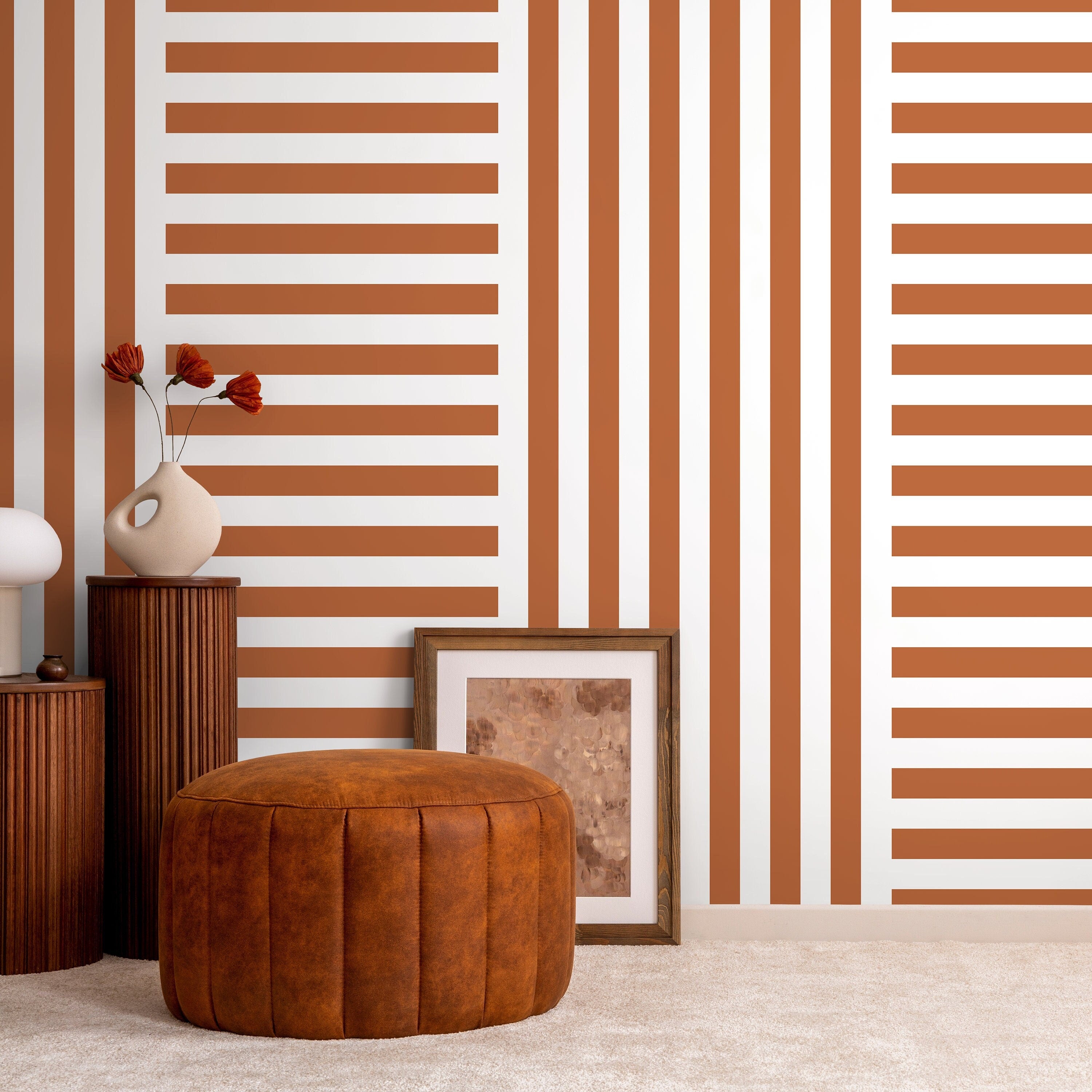 Geometric Wallpaper With Bold Alternating Stripes In Terracotta And White - D739