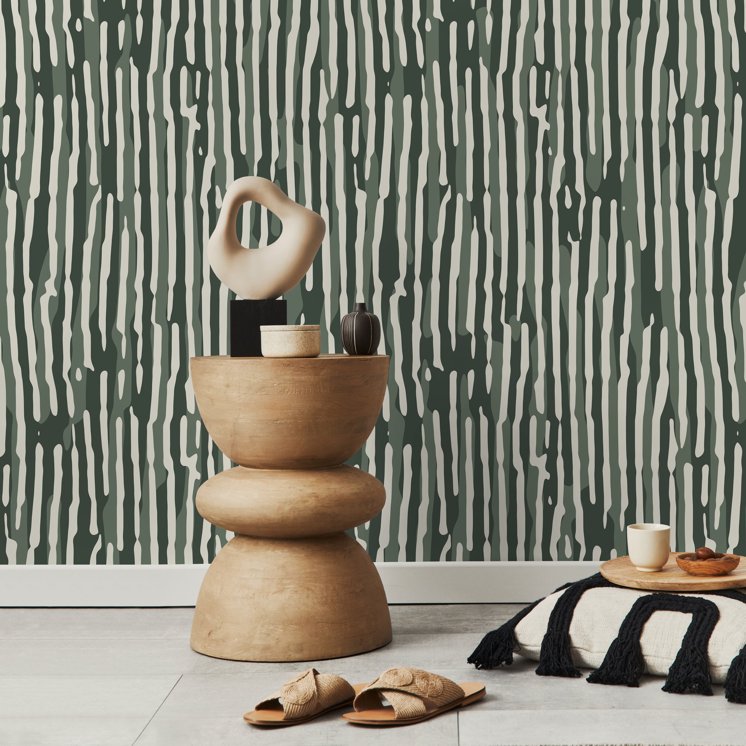 Abstract Wallpaper With Wavy Stripes In Dark Green, Sage, And Off-white - D746