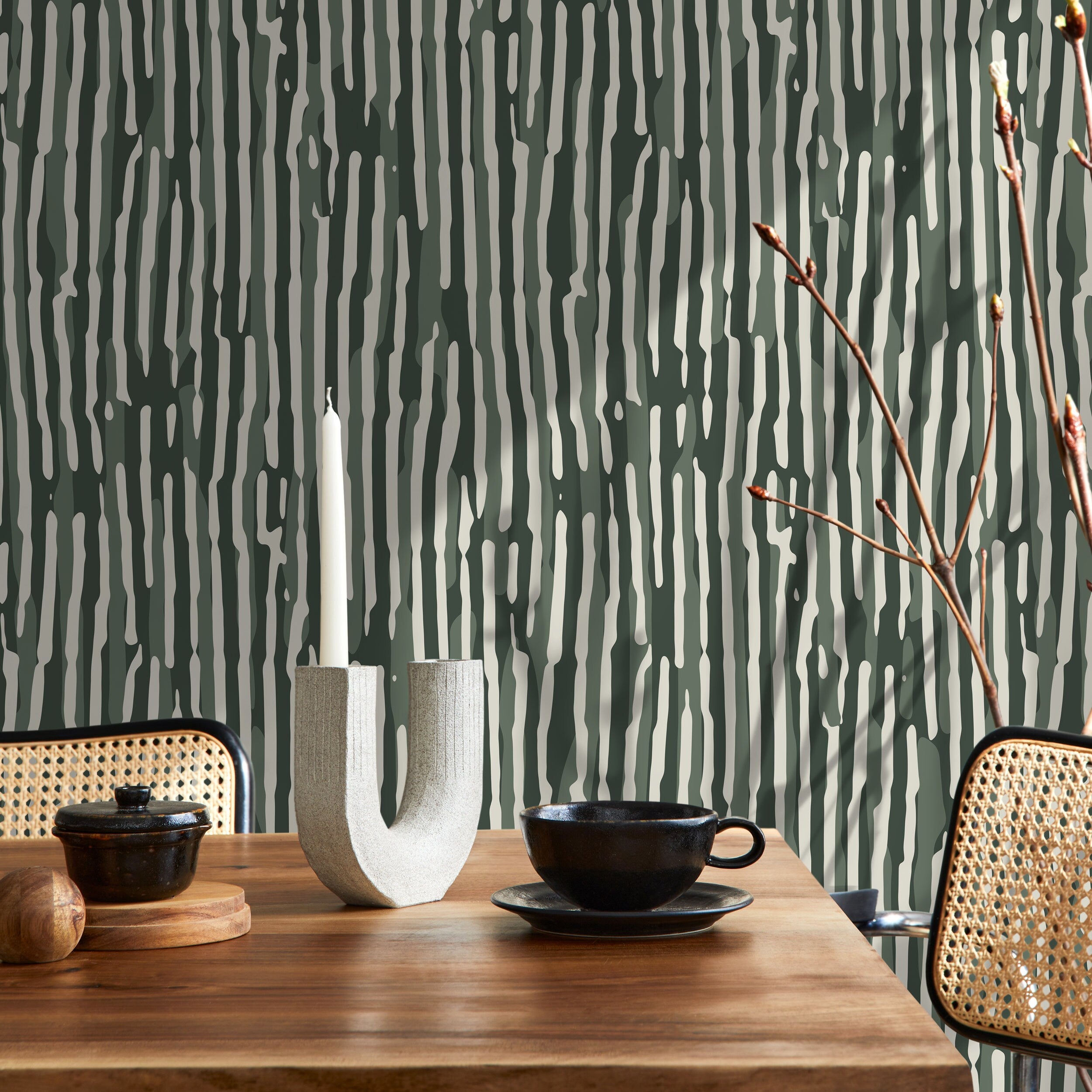 Abstract Wallpaper With Wavy Stripes In Dark Green, Sage, And Off-white - D746