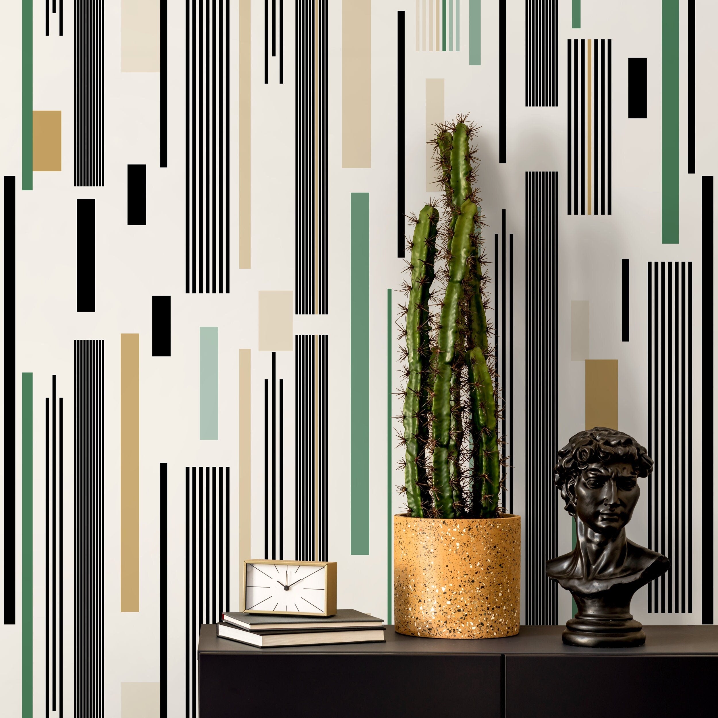 Geometric Wallpaper With Modern Vertical Stripes In Black, Green, And Beige - D740