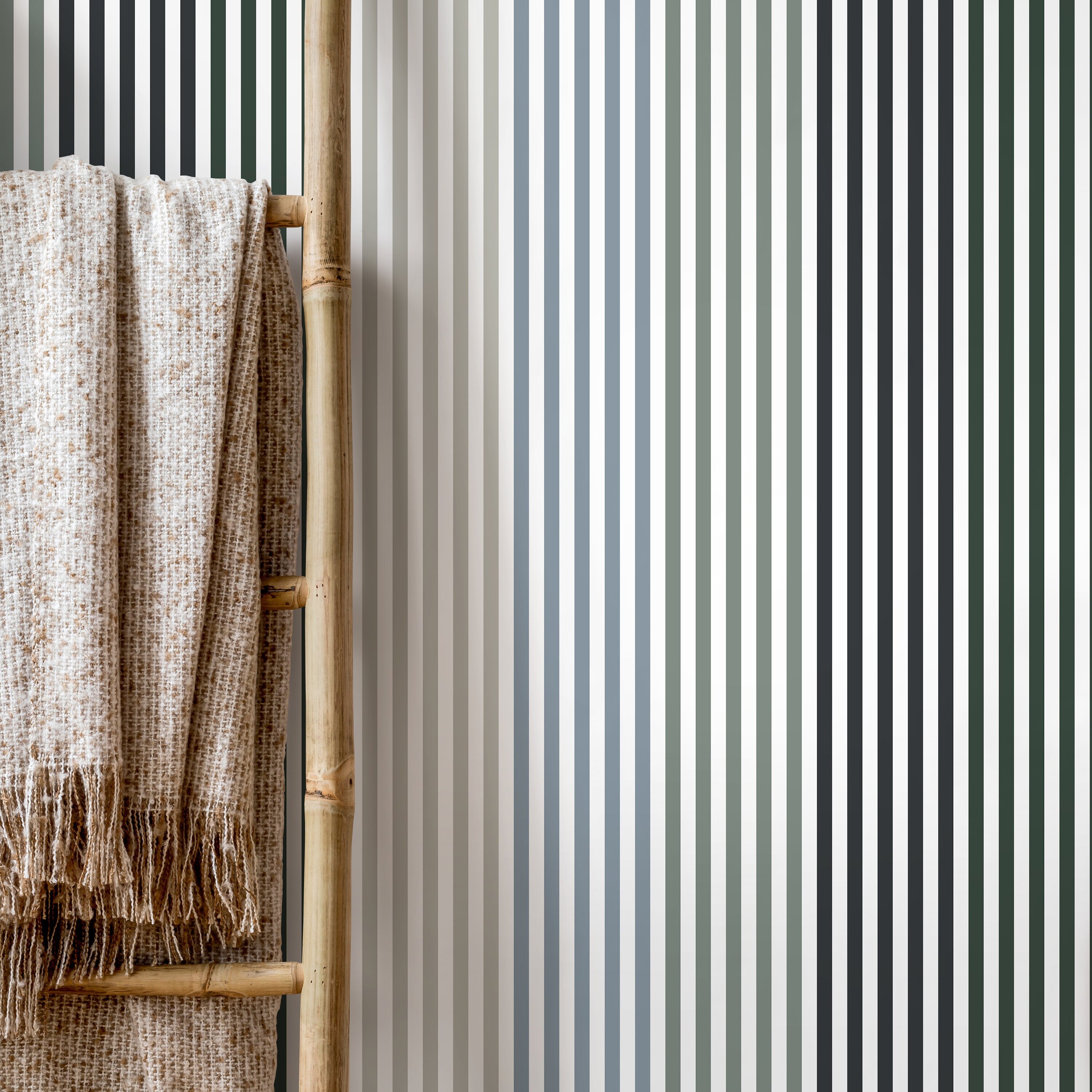 Striped Wallpaper With A Modern Geometric Motif In Green, Blue, And Grey - D756