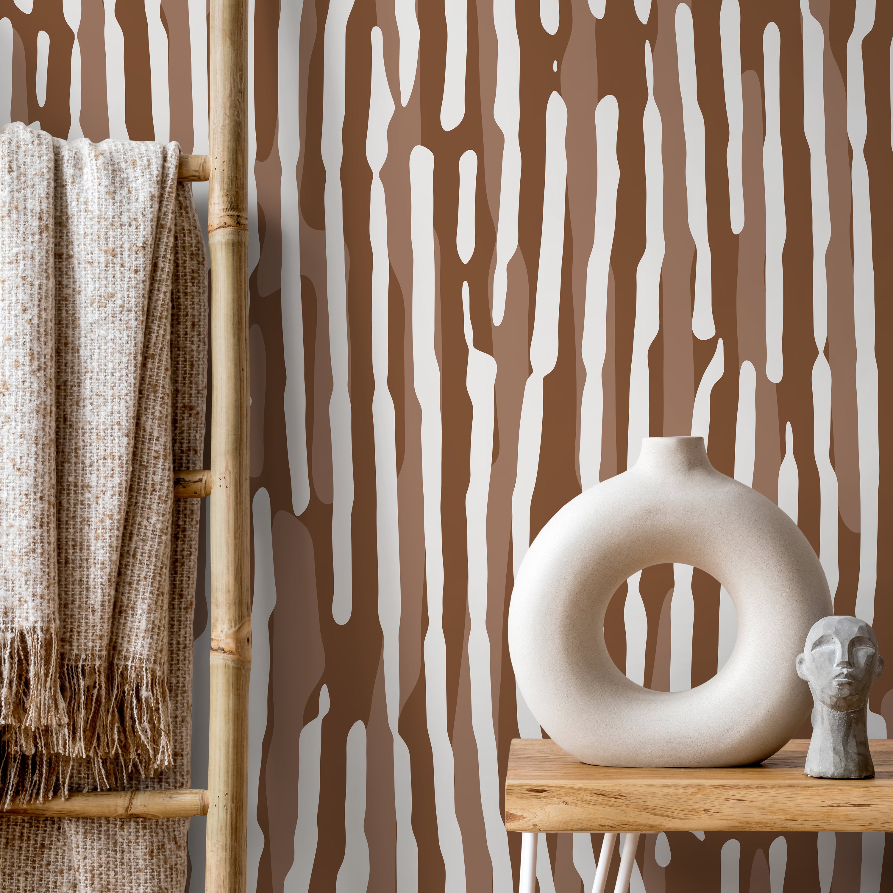 Abstract Wallpaper With Organic Wavy Stripes In Brown And White - D745