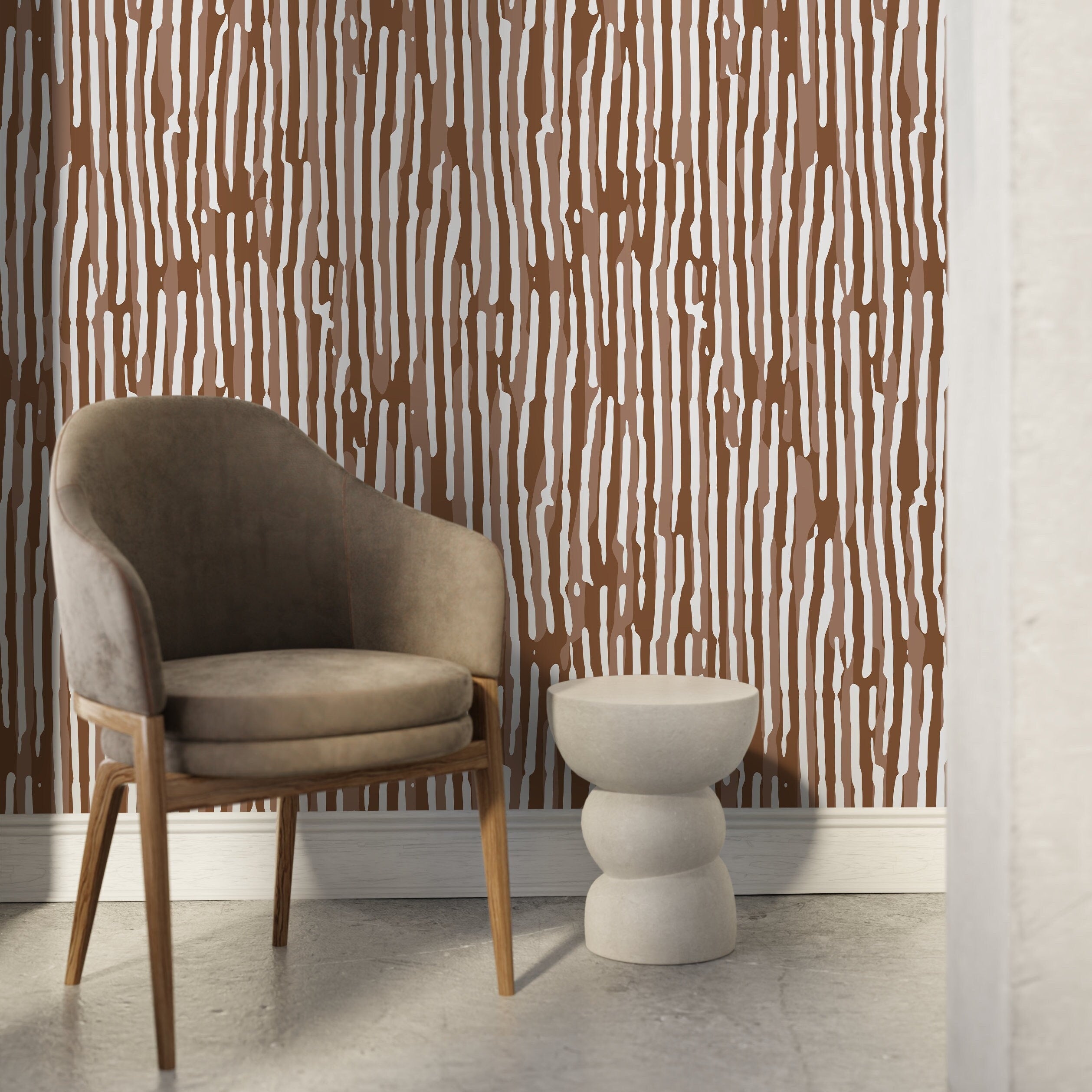 Abstract Wallpaper With Organic Wavy Stripes In Brown And White - D745