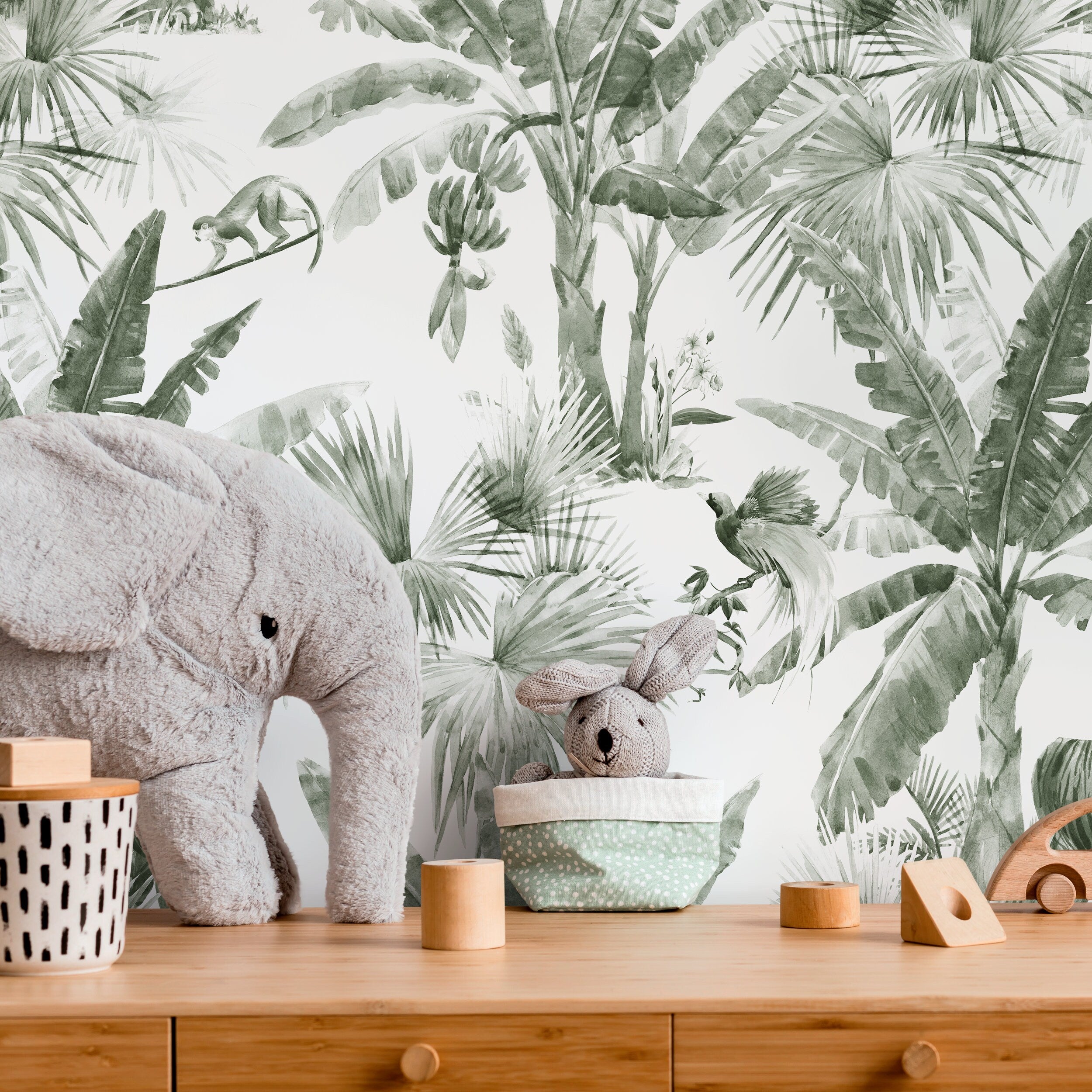 Jungle Wallpaper With A Watercolor Tiger And Palm Trees In Sage Green - D646