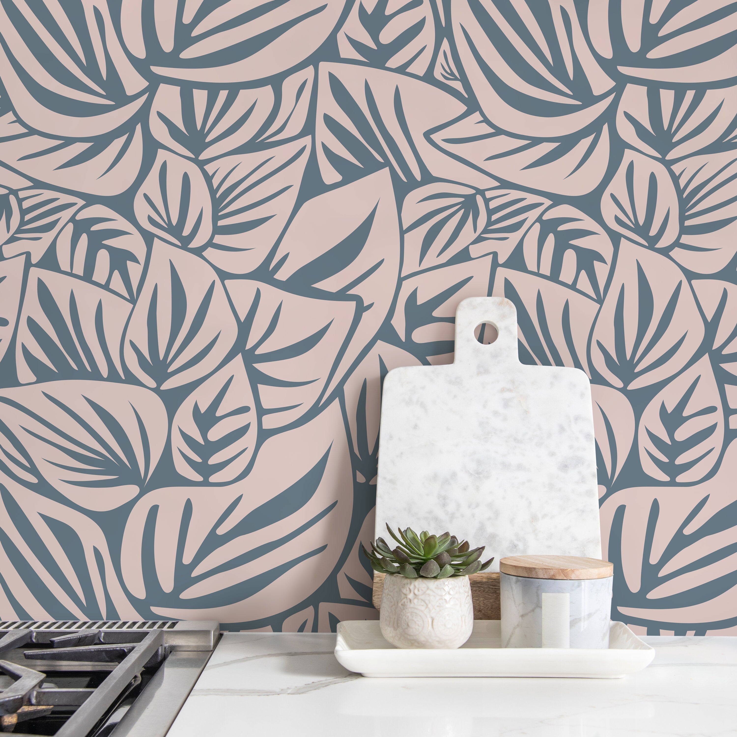 Botanical Wallpaper With Overlapping Leaves In Blue And Beige - D652