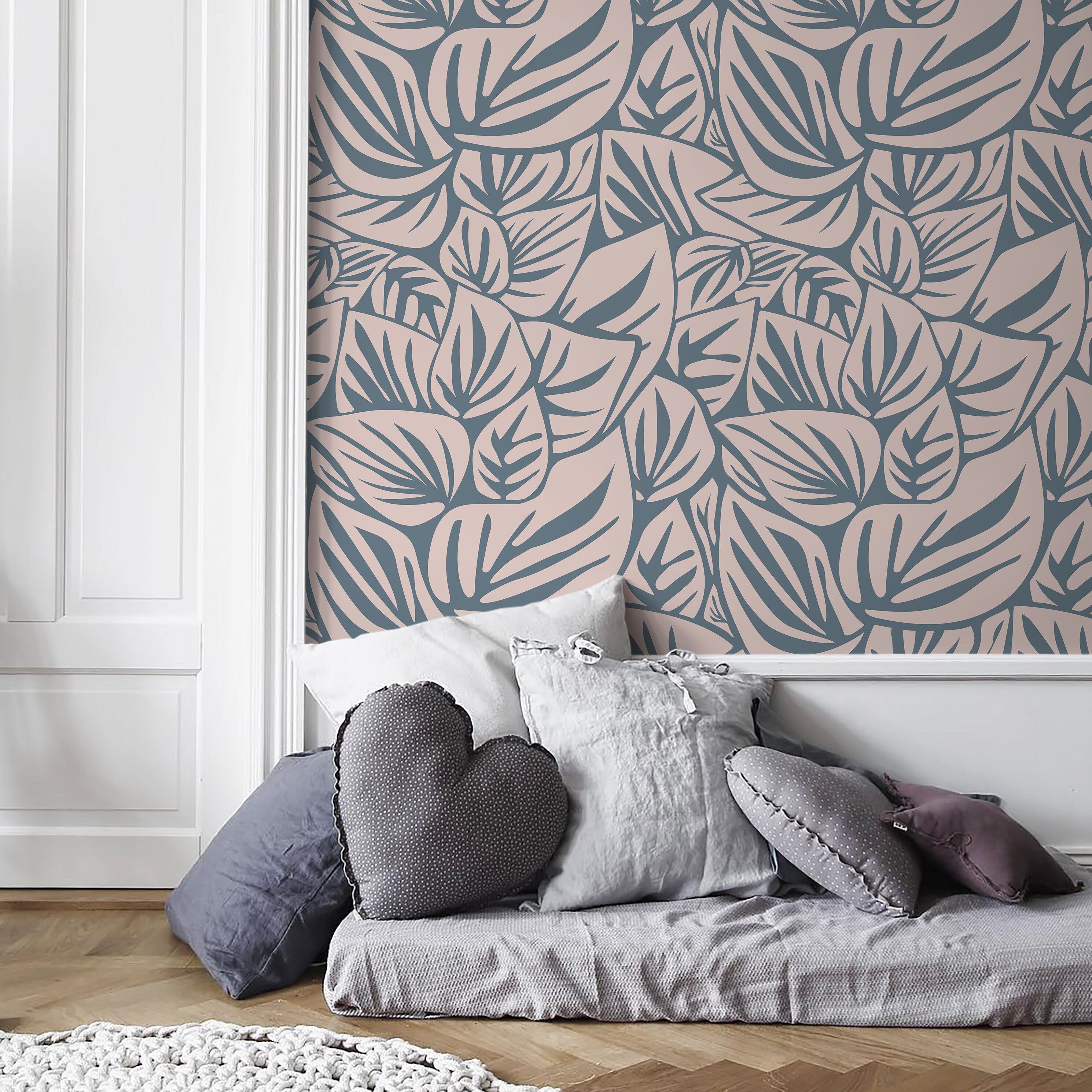 Botanical Wallpaper With Overlapping Leaves In Blue And Beige - D652