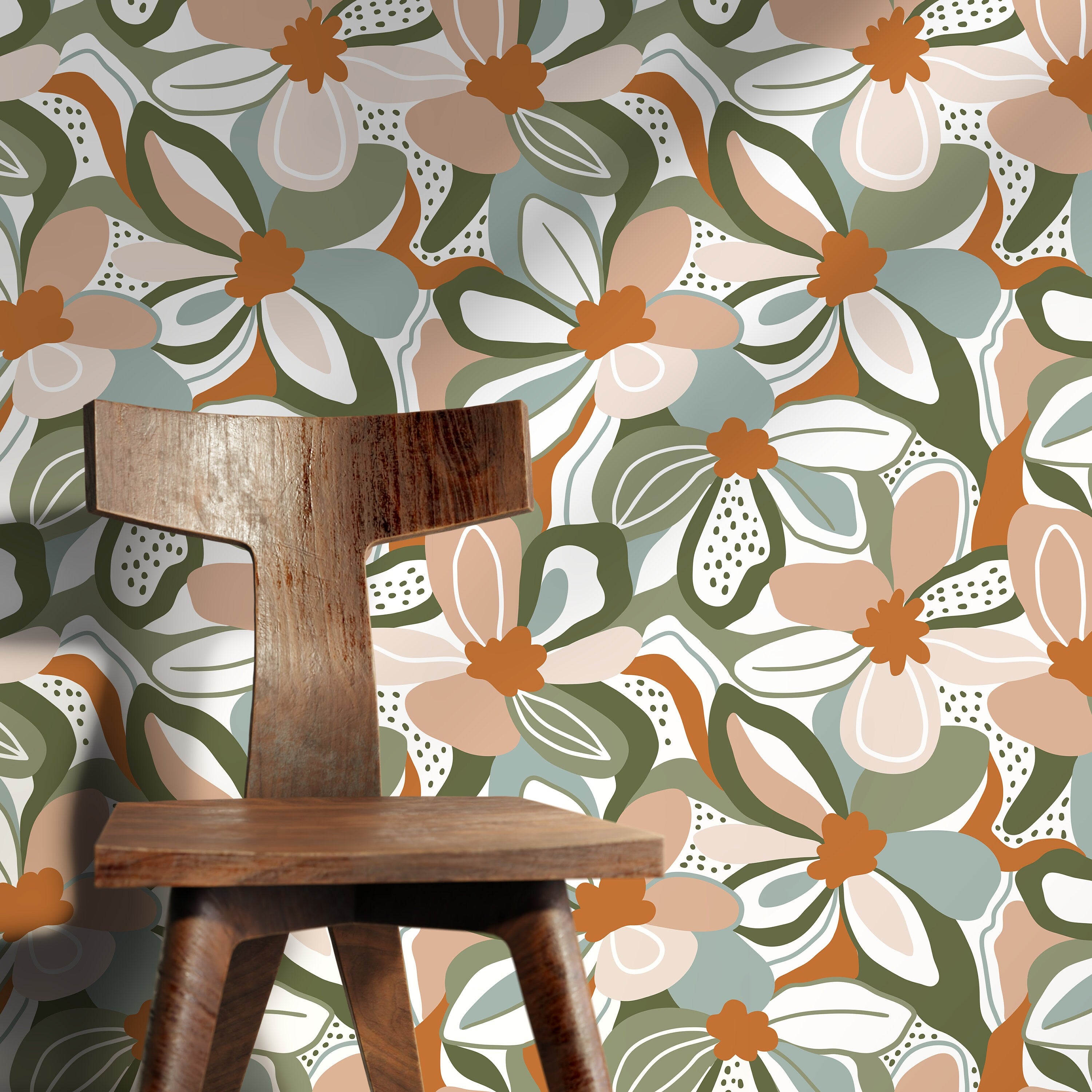 Floral Wallpaper With A Modern Abstract Motif In Green, Terracotta, And Pink - D655