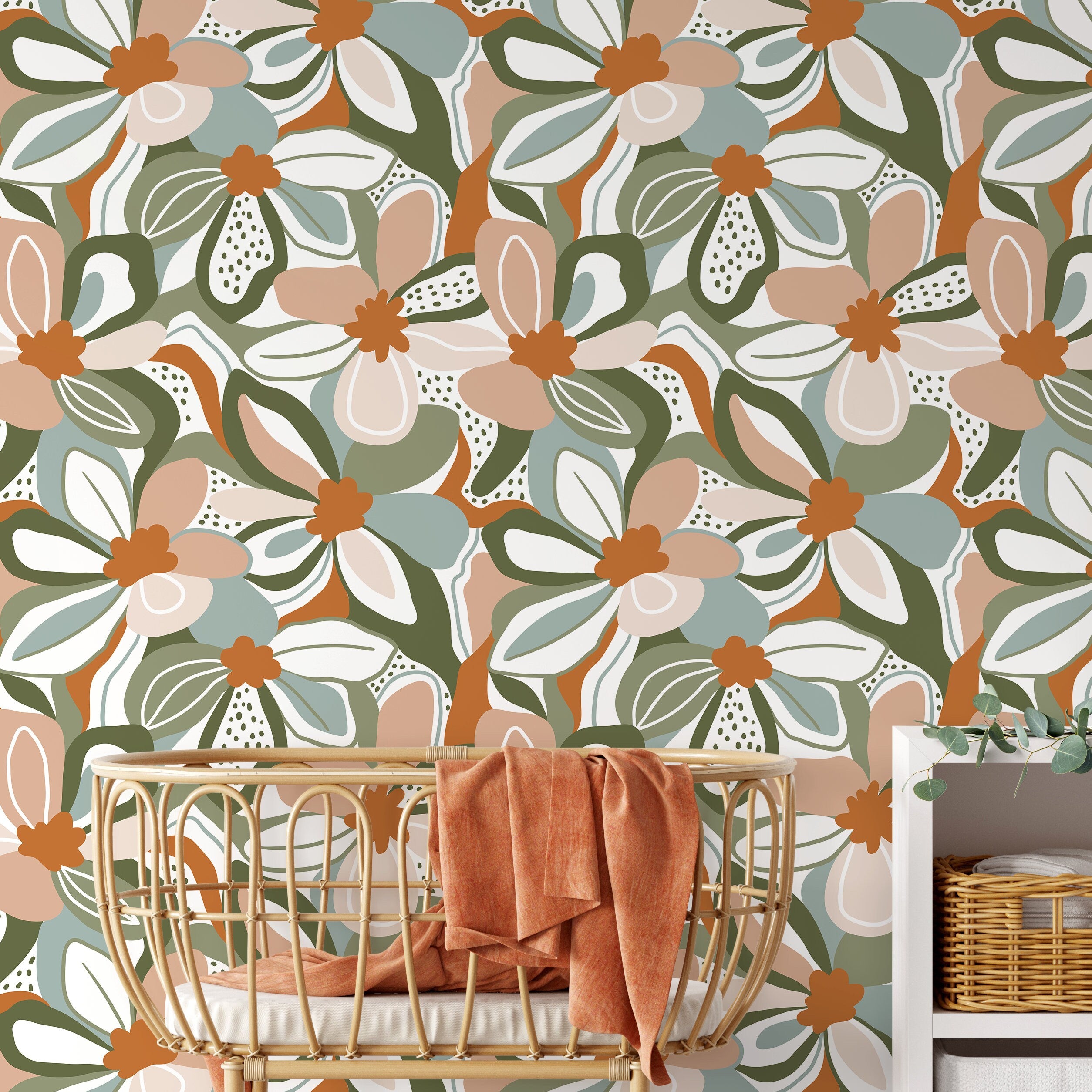 Floral Wallpaper With A Modern Abstract Motif In Green, Terracotta, And Pink - D655
