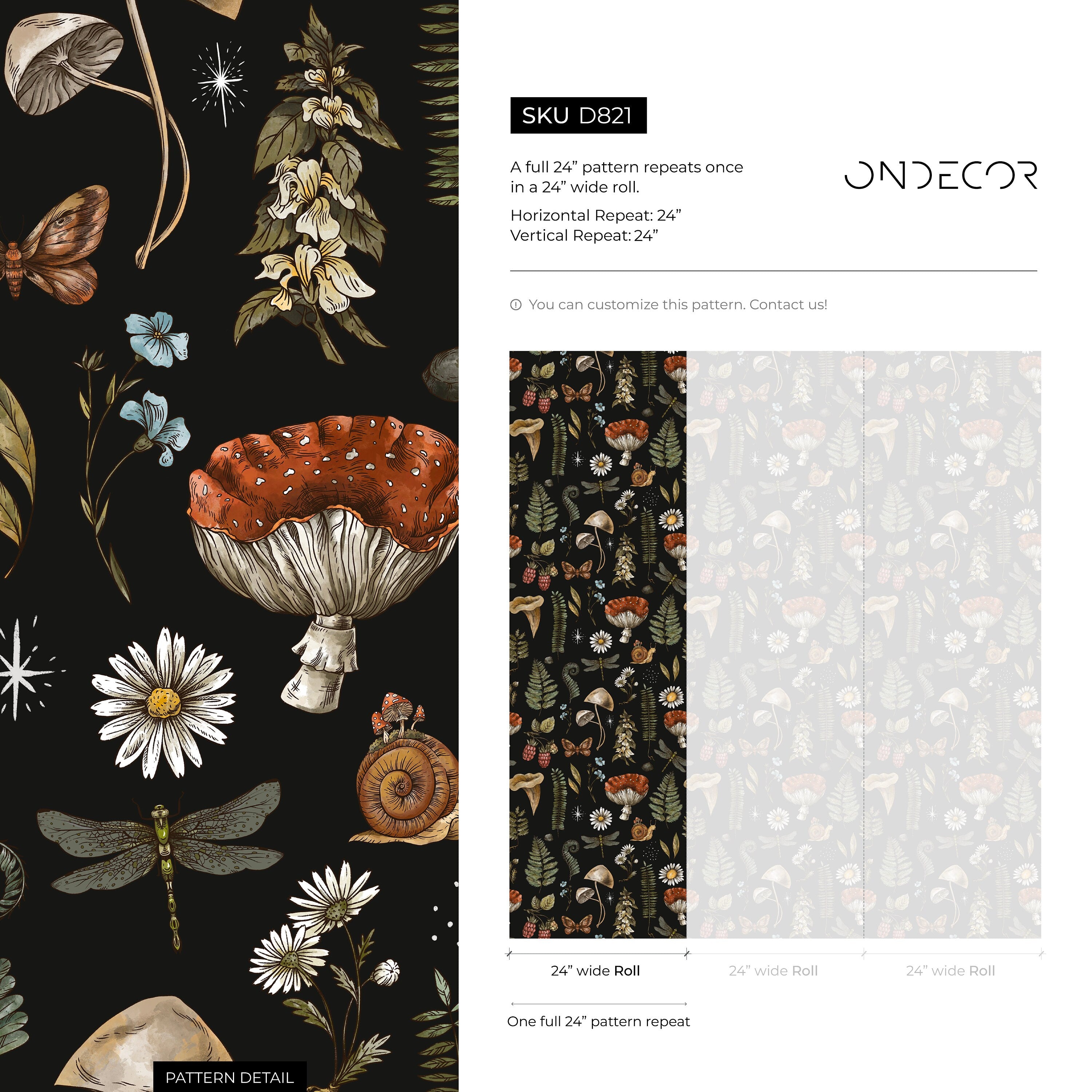 Mushroom Wallpaper With Woodland Botanicals In Black, Brown, And Green - D821