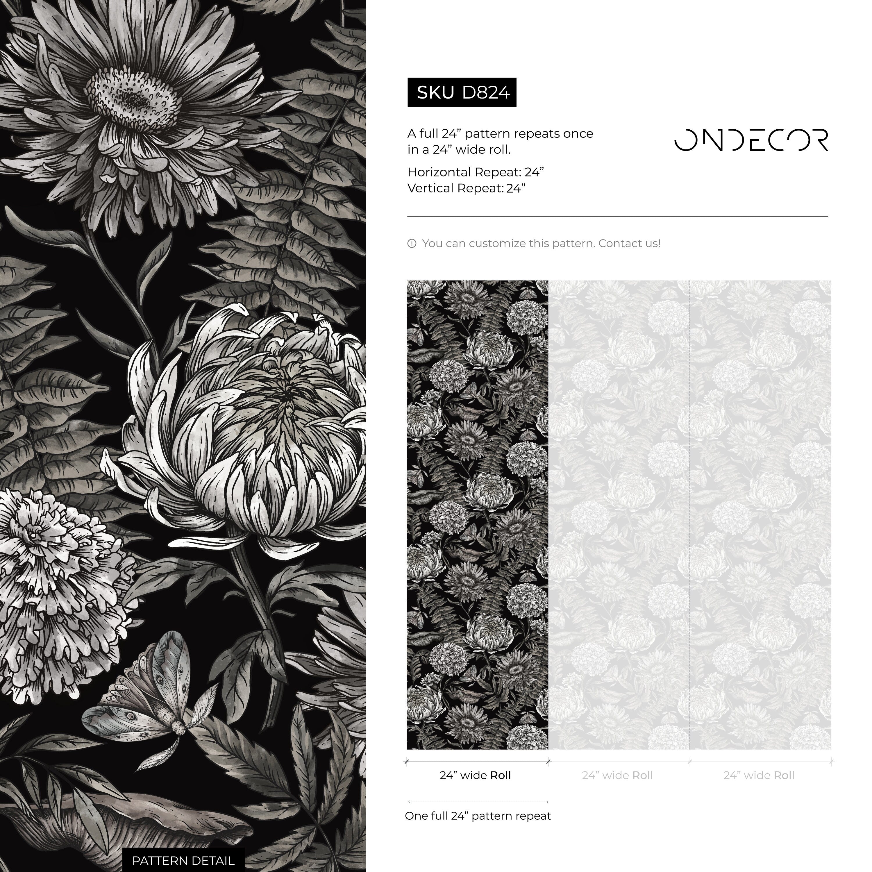 Floral Wallpaper With Intricate Chrysanthemums And Moths In Black And White - D824