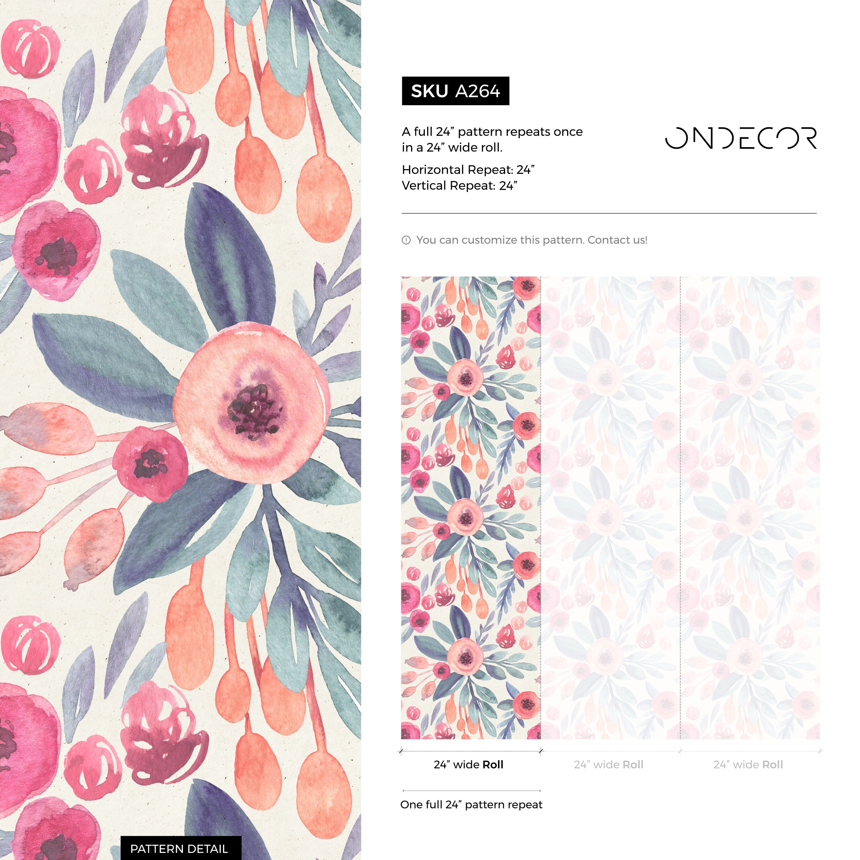 Floral Wallpaper Featuring A Watercolor Motif In Pink, Blue, And Peach - A264