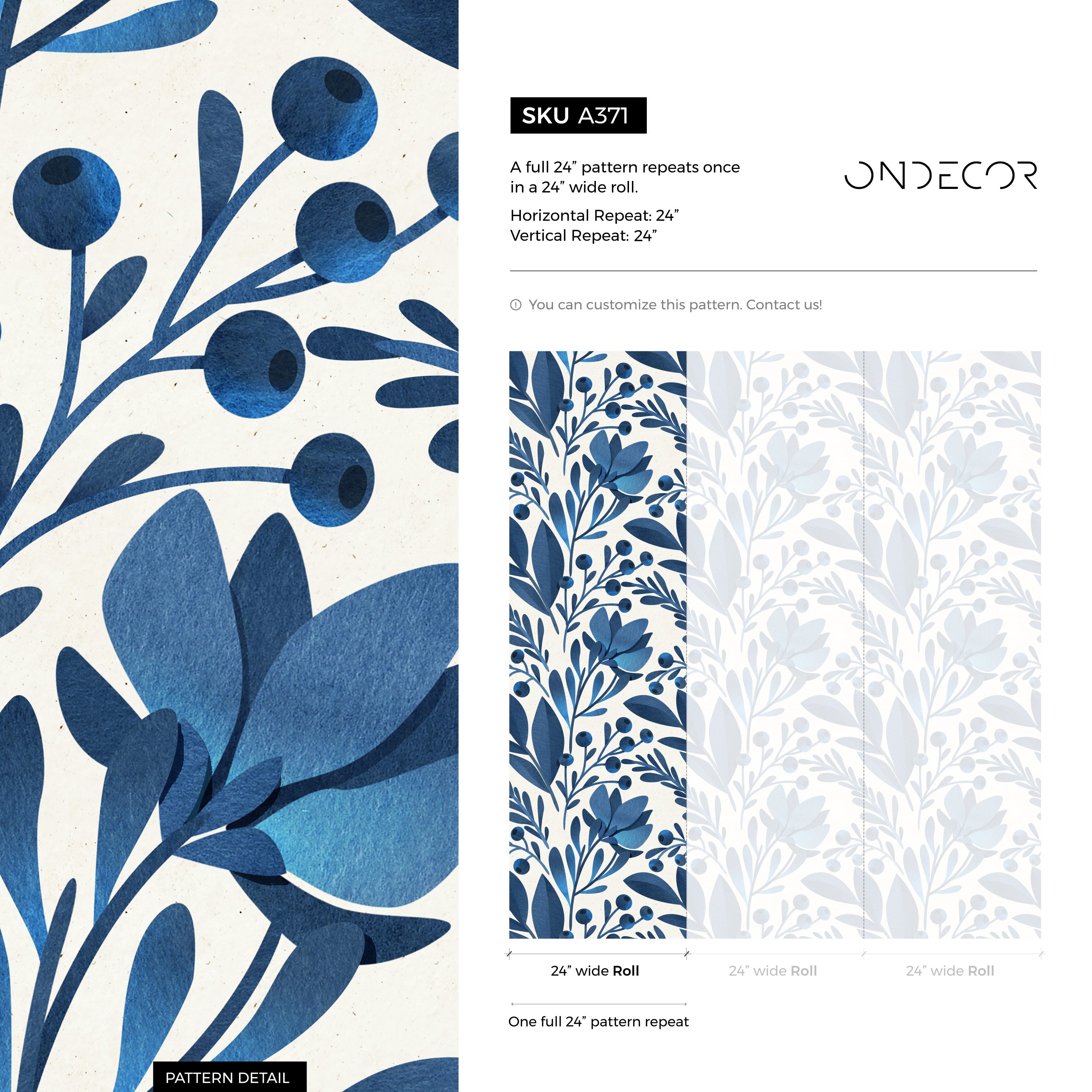 Botanical Wallpaper With Stylized Leaves And Berries In Blue - A371