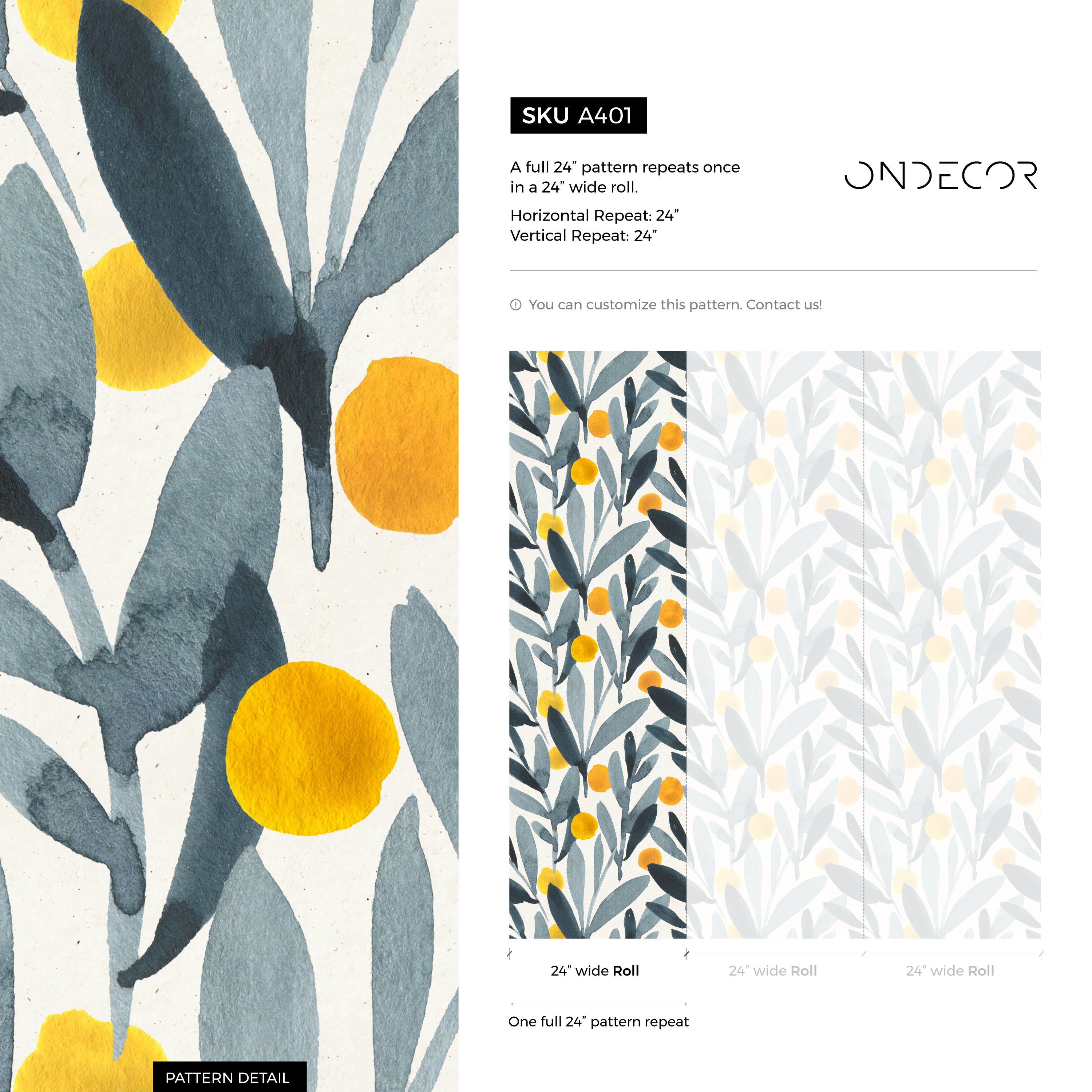 Botanical Wallpaper With Watercolor Olives In Blue, Gray, And Yellow - A401