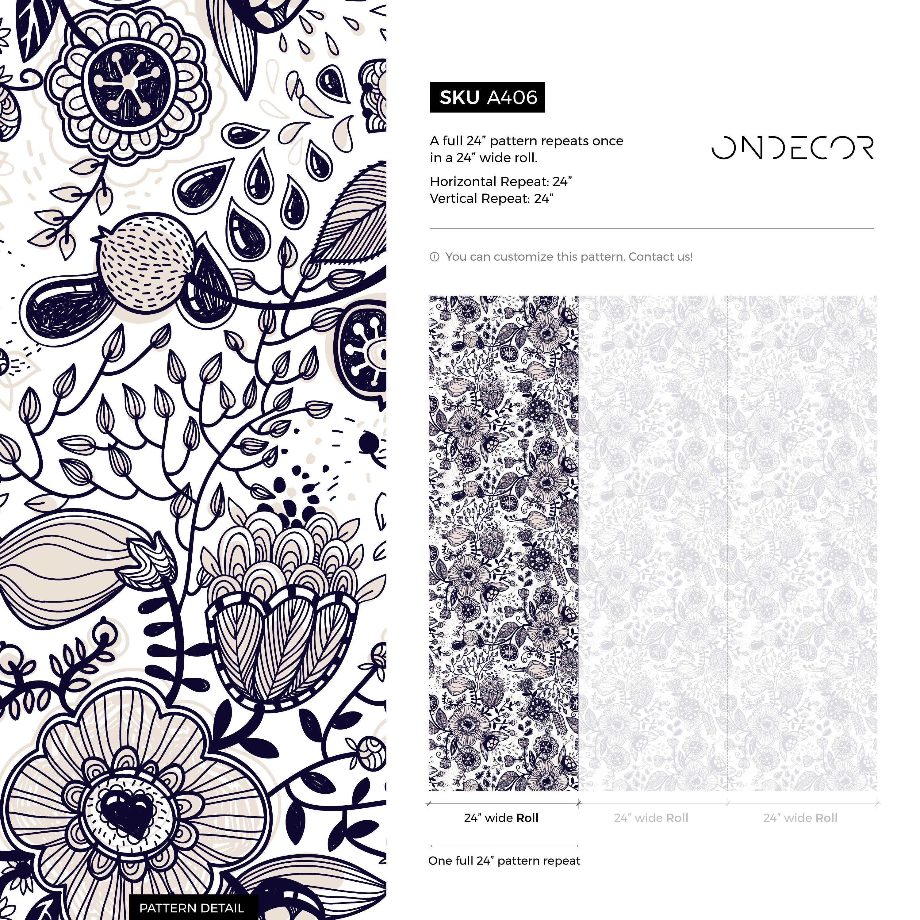 Floral Wallpaper Featuring Intricate Line Art In Dark Blue And Beige - A406