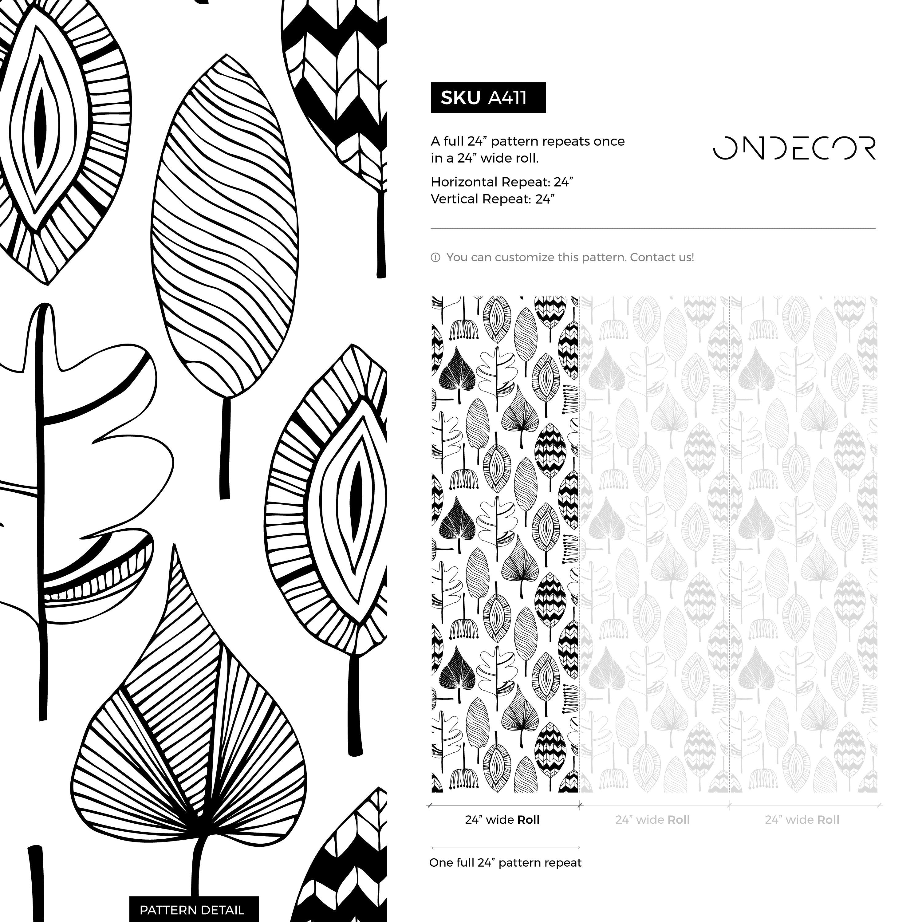 Botanical Wallpaper With Stylized Leaf Motifs In Black And White - A411
