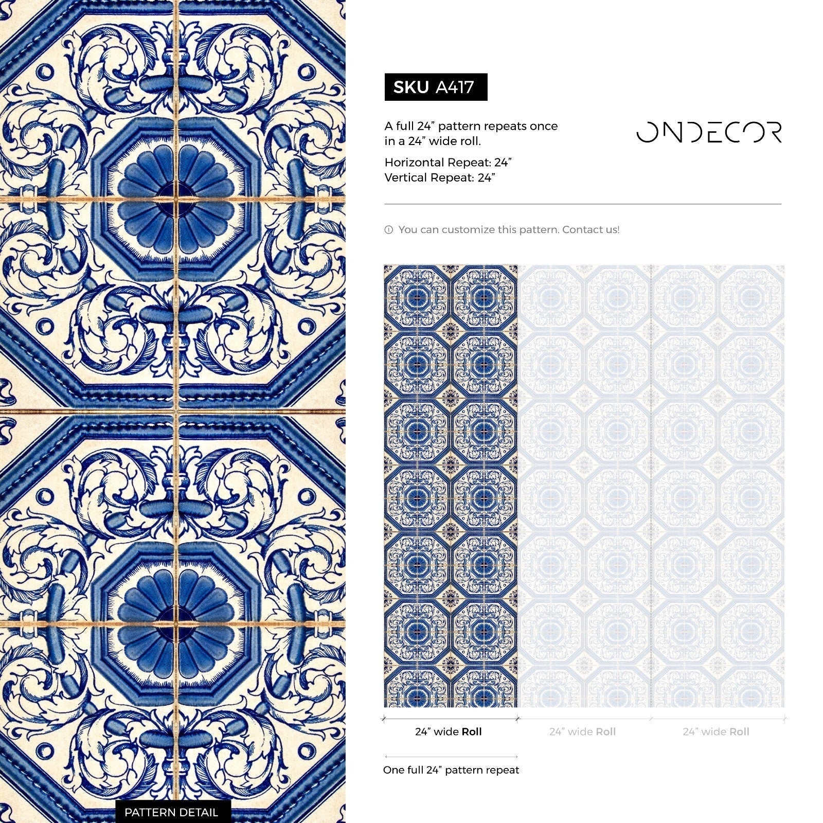 Tile Wallpaper Inspired By Portuguese Azulejos In Blue And Cream - A417