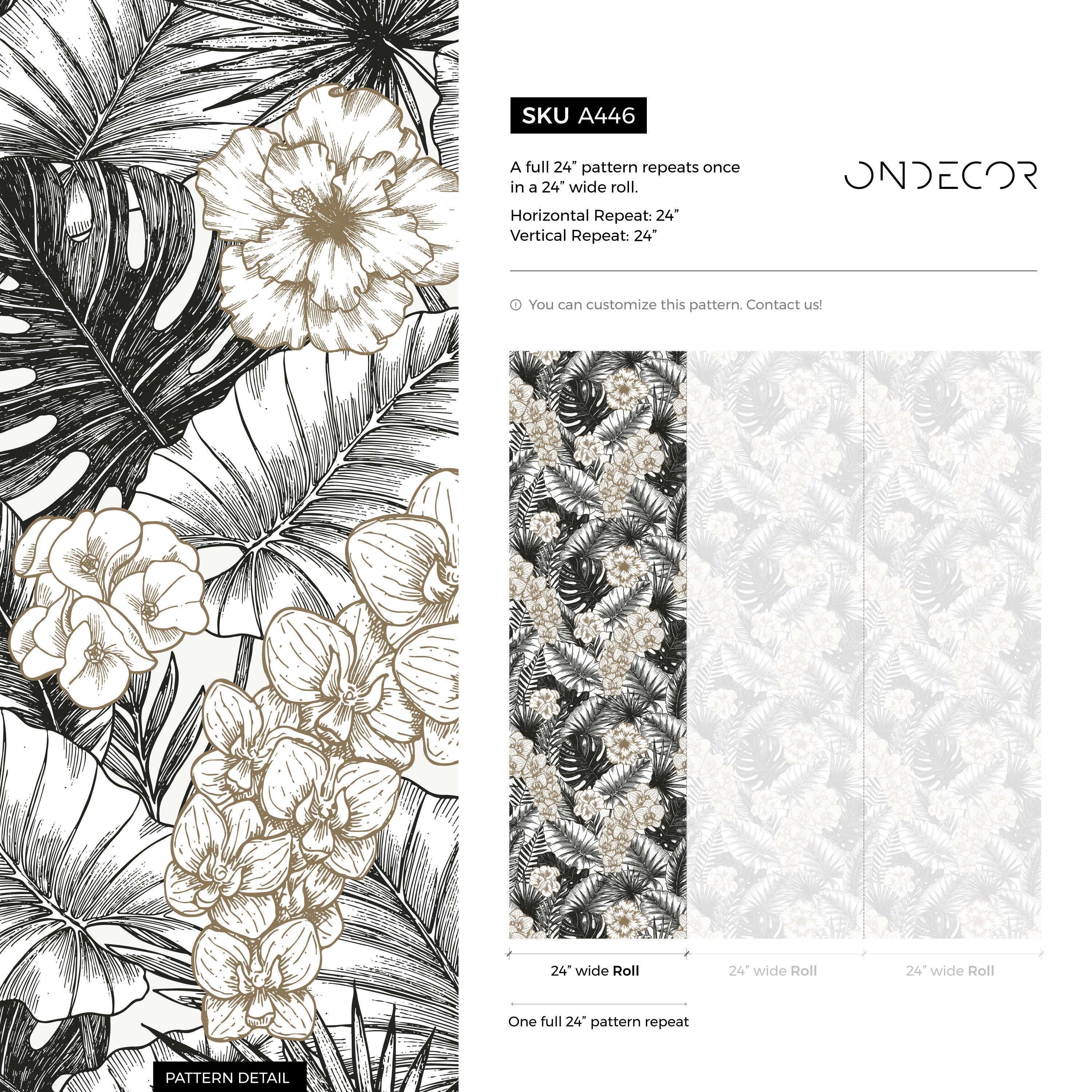 Tropical Wallpaper With Engraved Leaves And Flowers In Black And Gold - A446