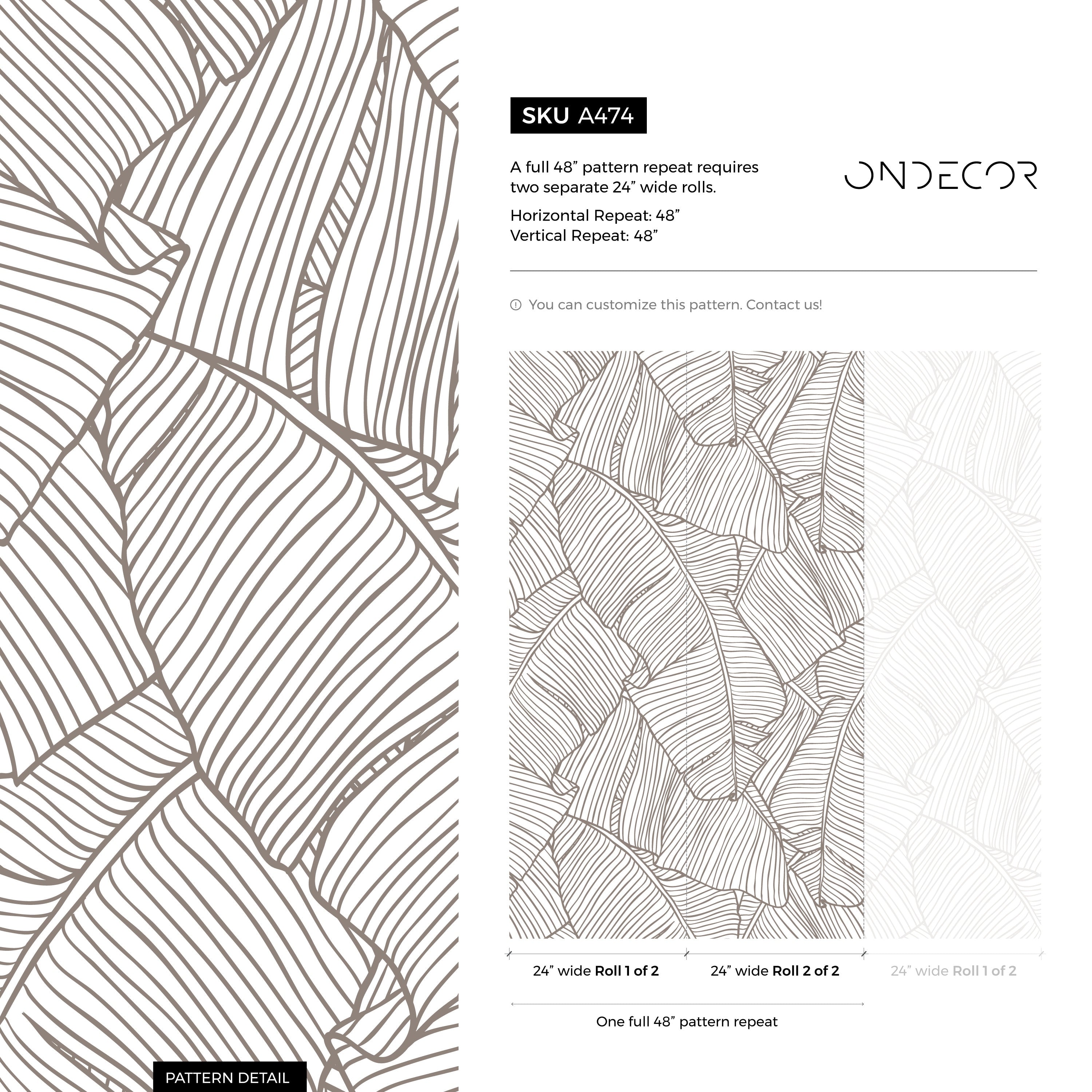 Botanical Wallpaper With Minimalist Banana Leaf Line Art In Taupe - A474