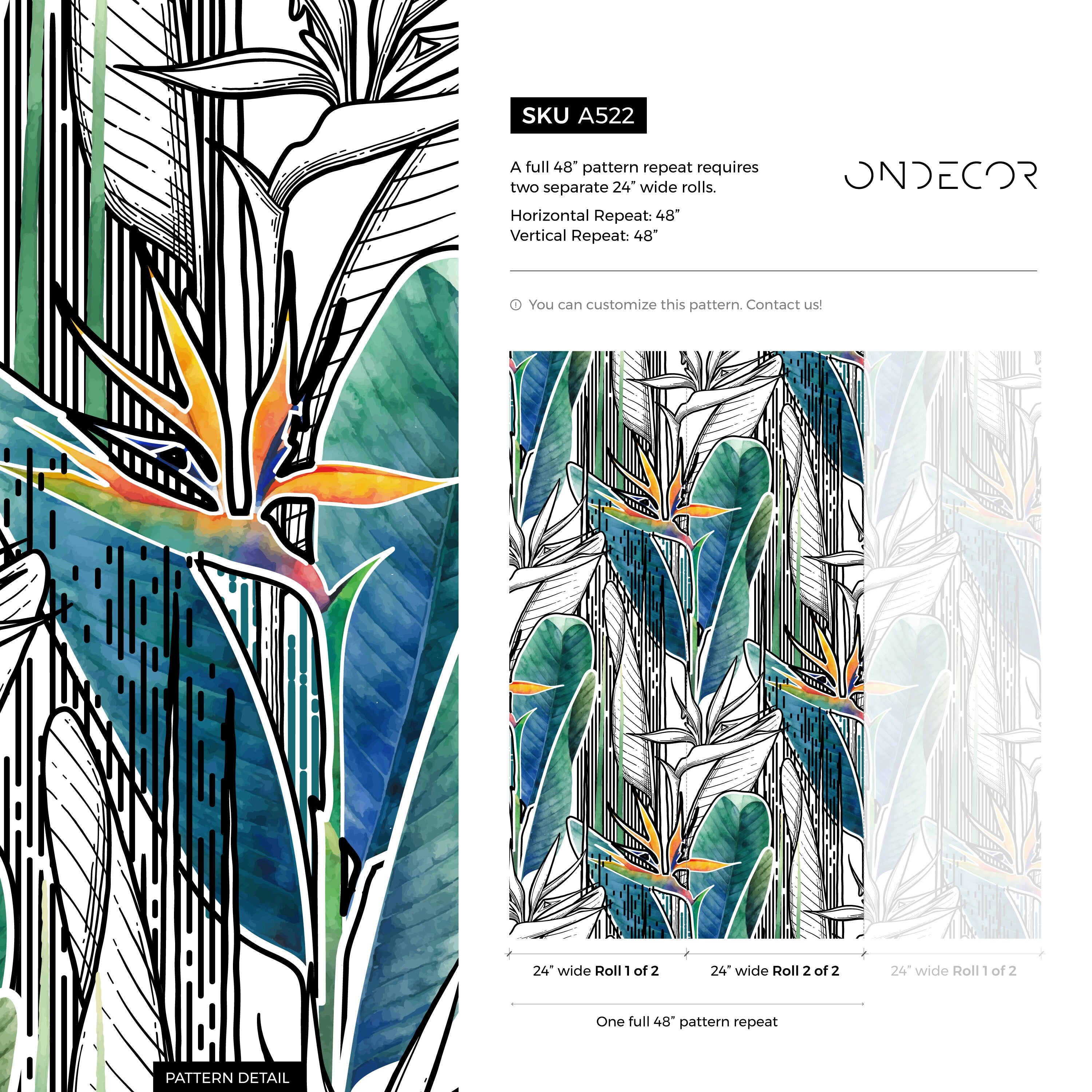Tropical Wallpaper With Graphic Bird Of Paradise In Green, Blue, And Orange - A522