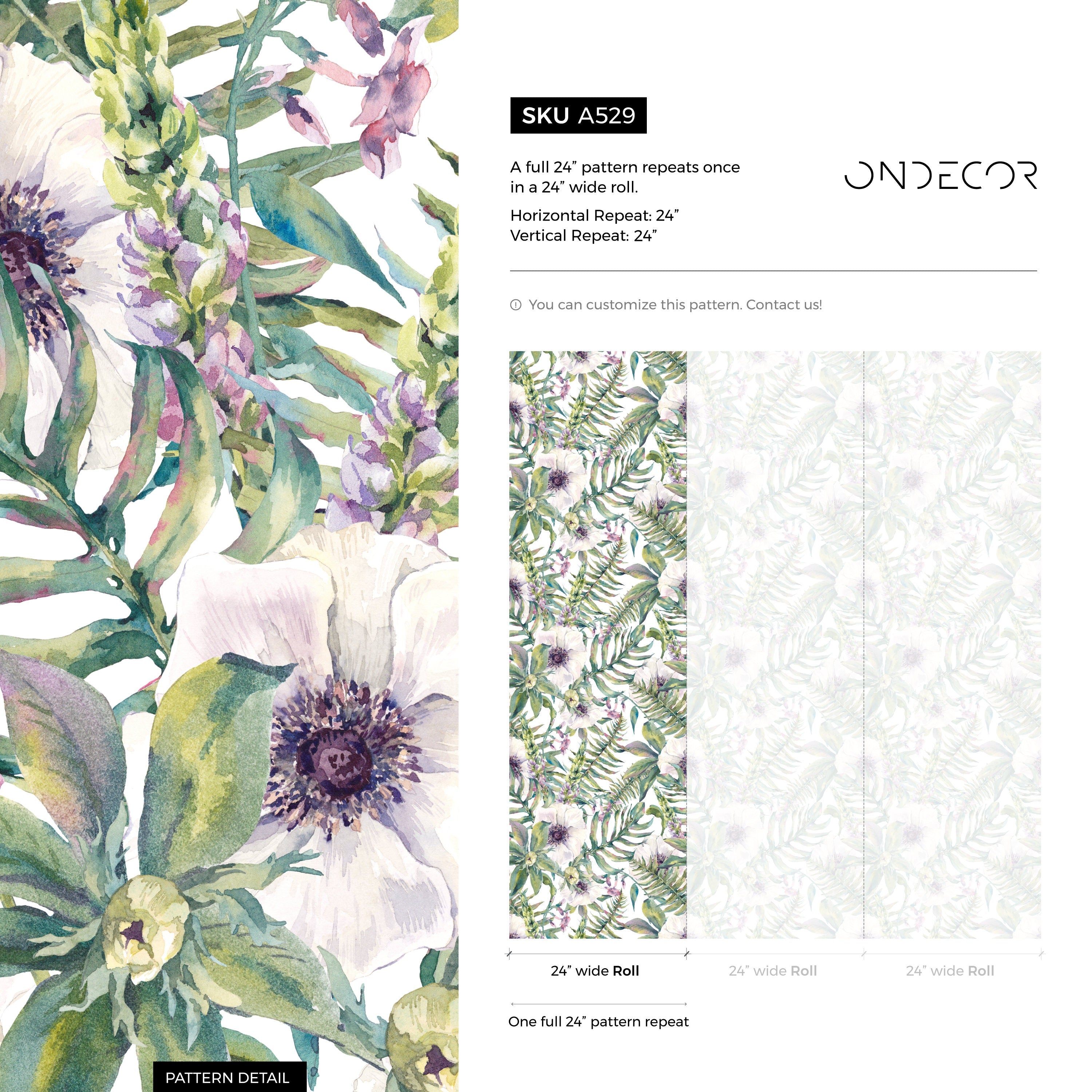 Botanical Wallpaper With Watercolor Anemones In Green And Purple - A529