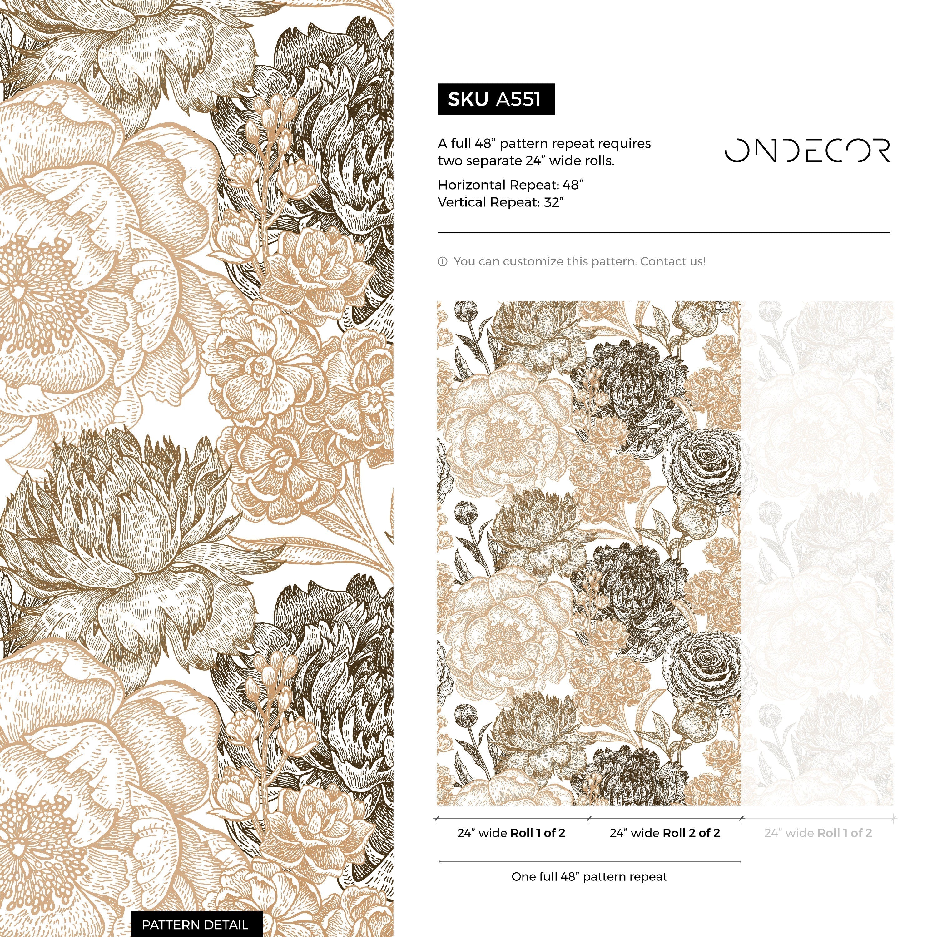 Floral Wallpaper With A Vintage Engraved Motif In Black And Gold - A551