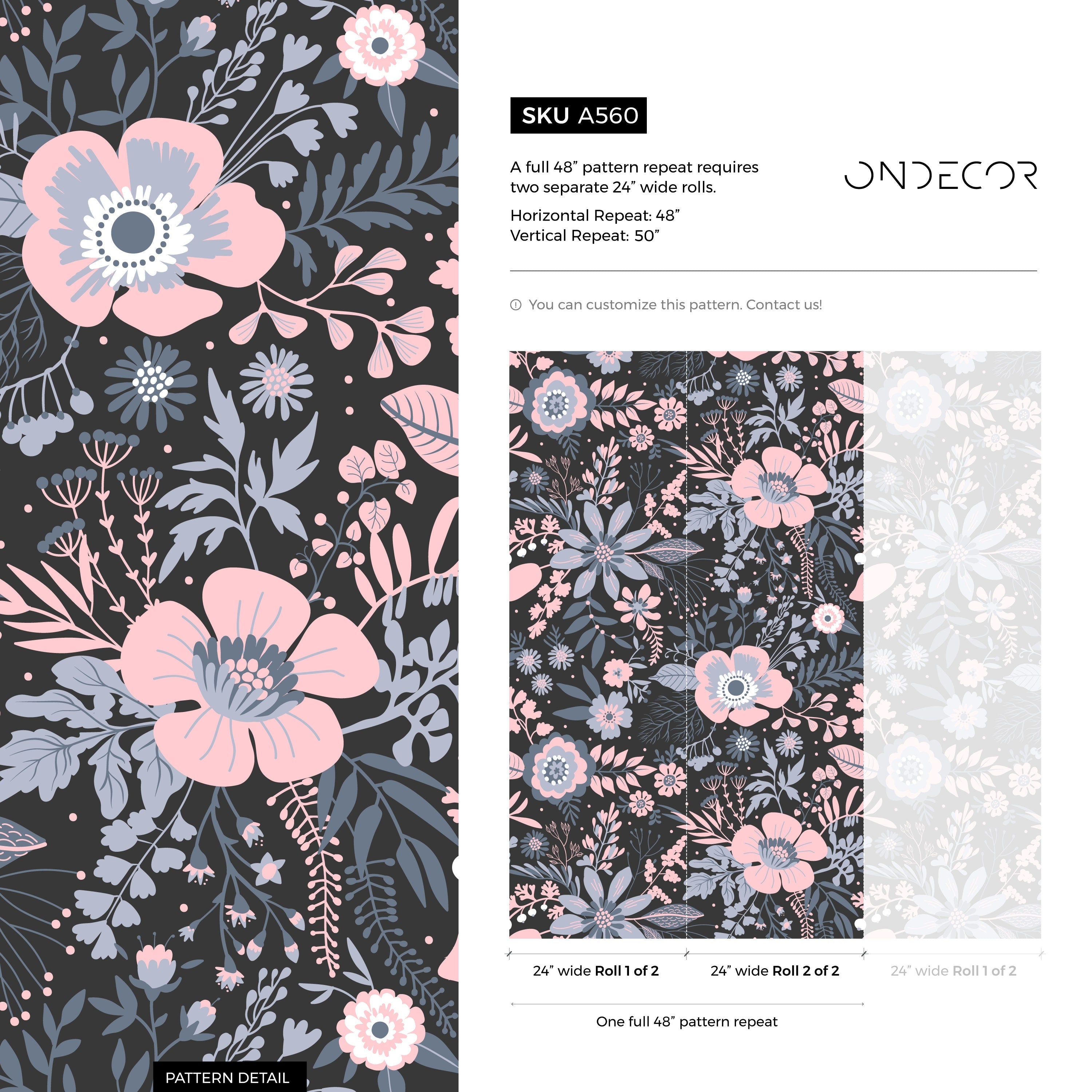 Floral Wallpaper With A Stylized Folk Motif In Pink, Blue, And Black - A560