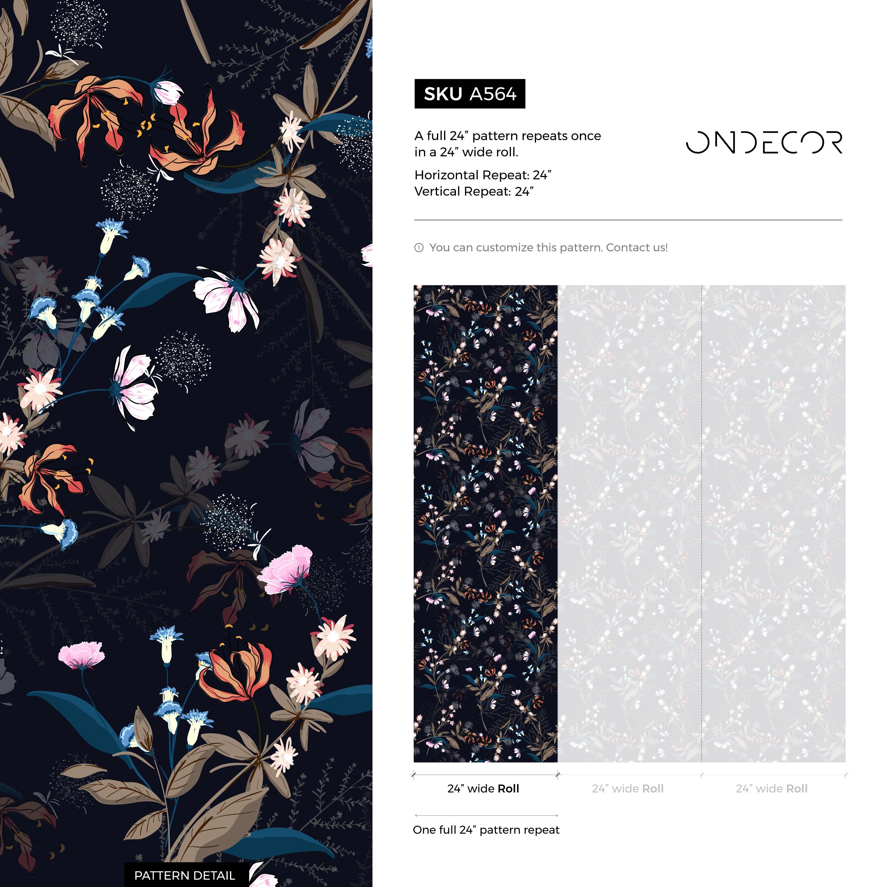 Floral Wallpaper With Hand-drawn Wildflowers In Blue, Orange, And Pink - A564