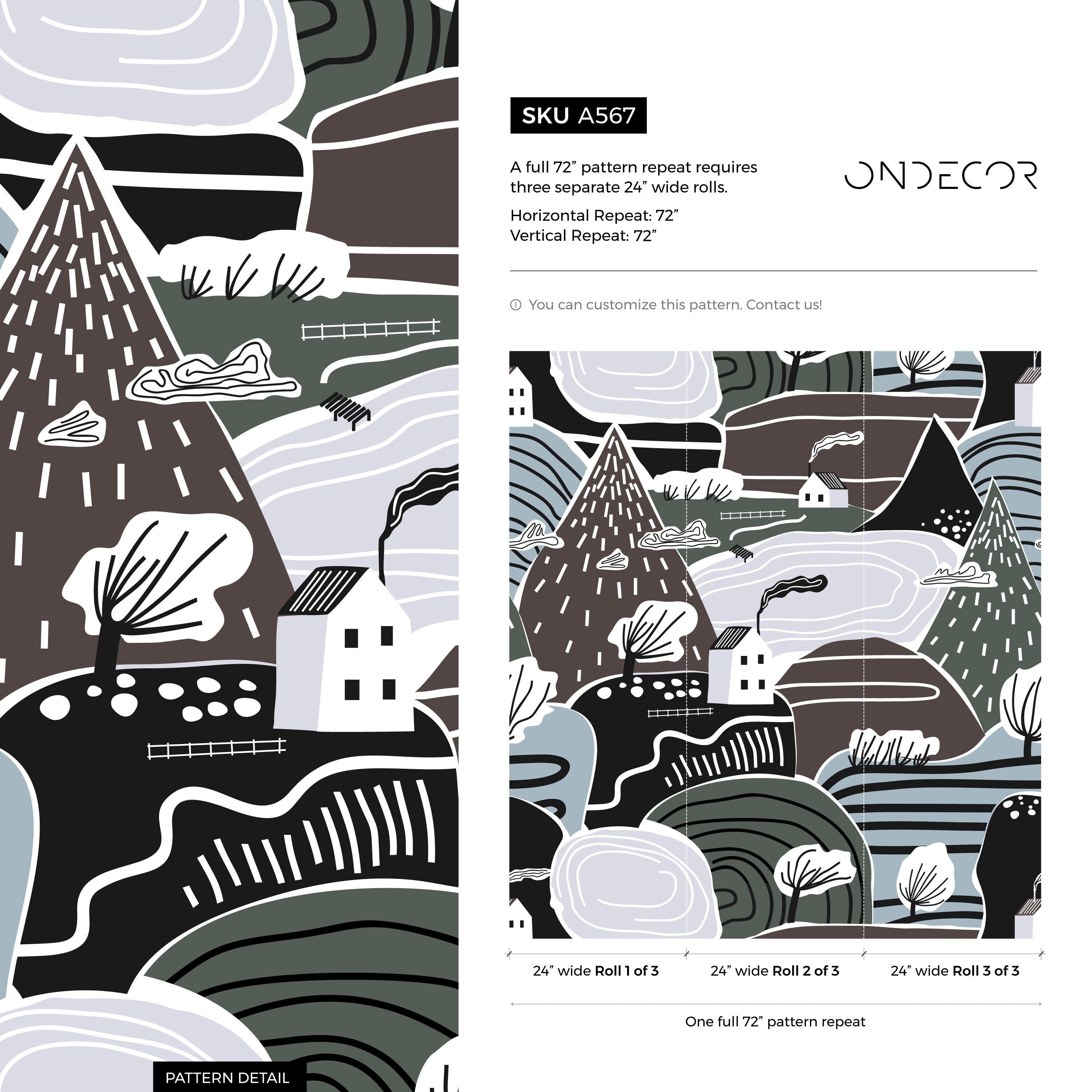 Scandinavian Wallpaper With A Mountain Village In Green, Brown, And Blue - A567