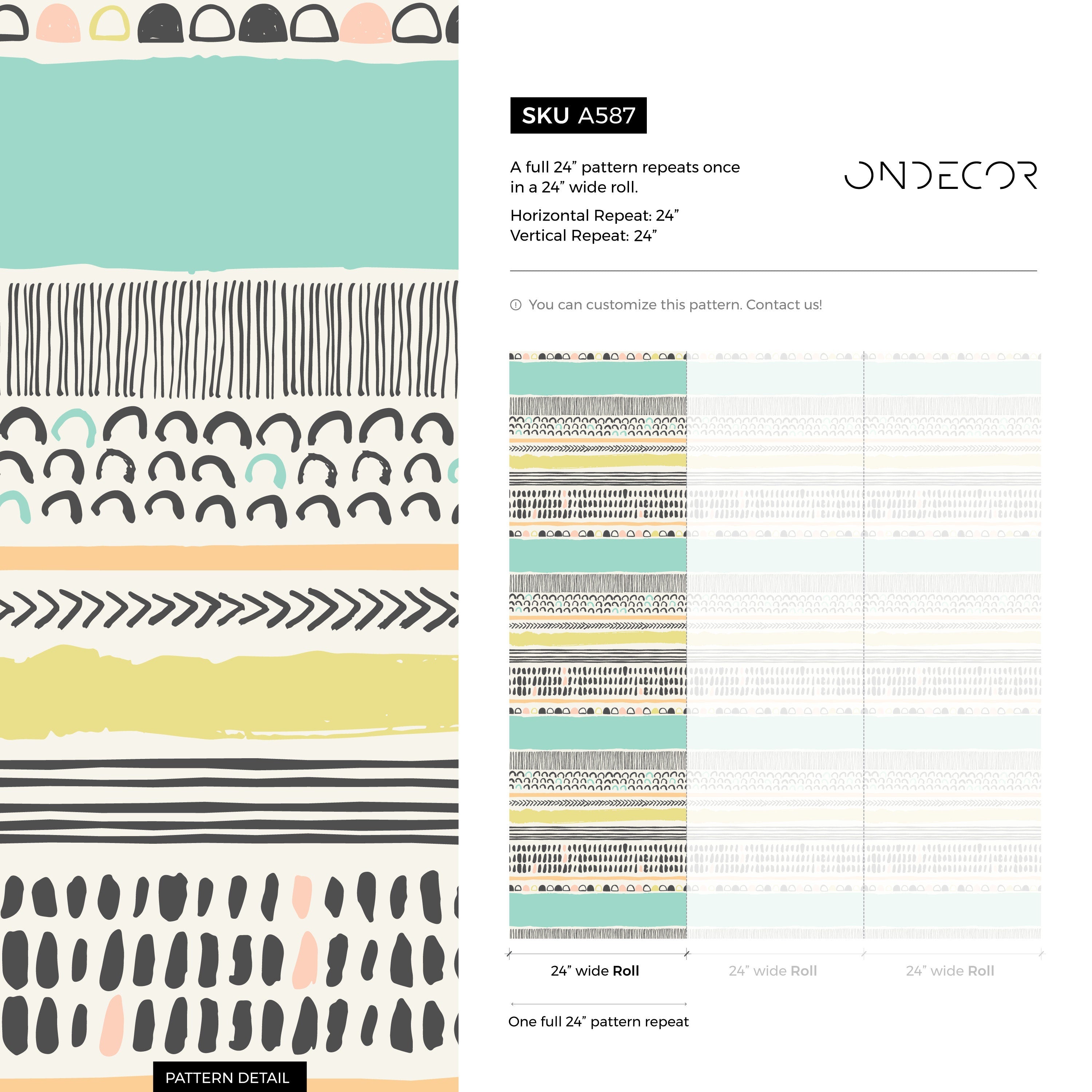 Abstract Wallpaper With Hand-drawn Stripes In Black, Mint, And Peach - A587