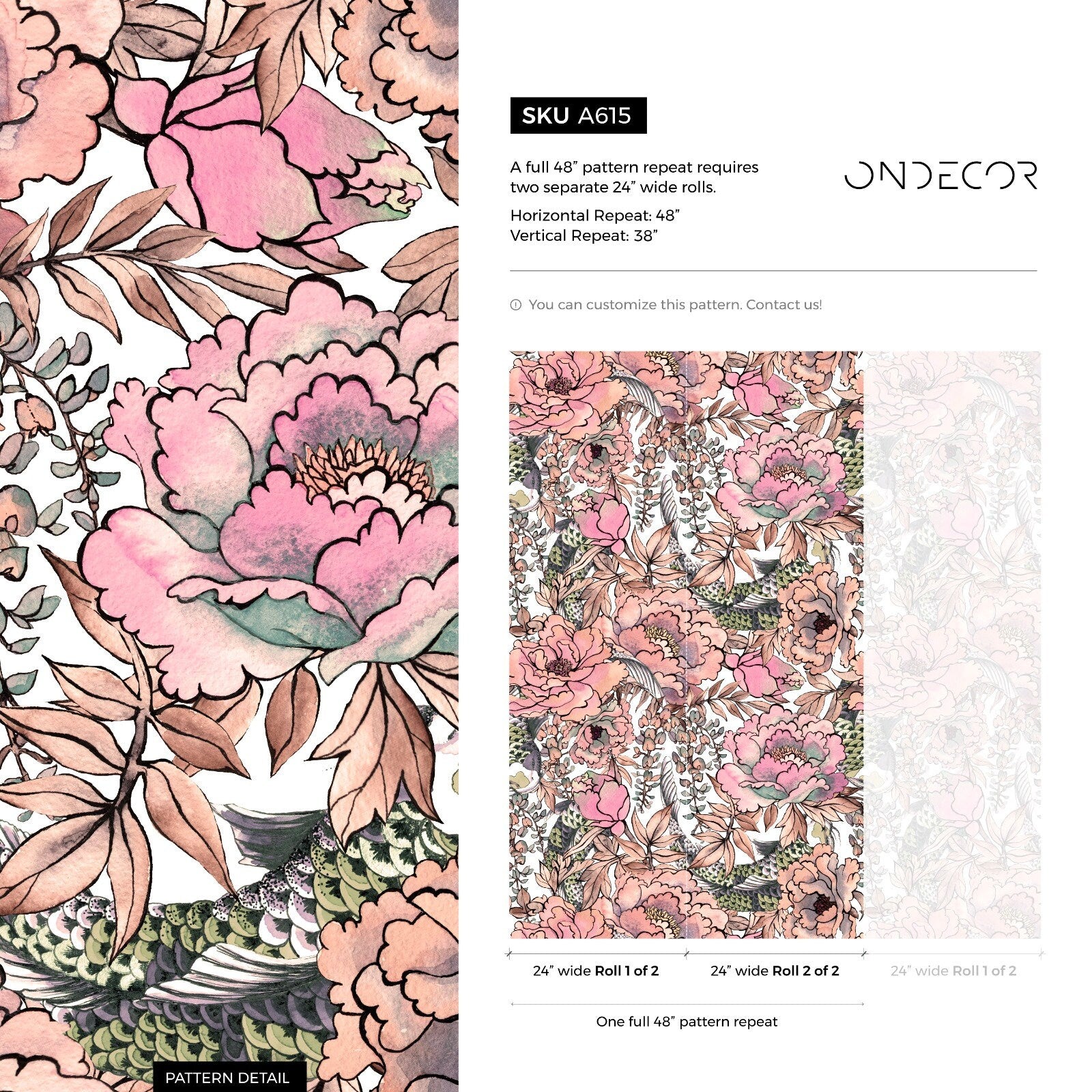 Floral Wallpaper With A Watercolor Peony And Peacock Motif In Pink, Green, And Brown - A615