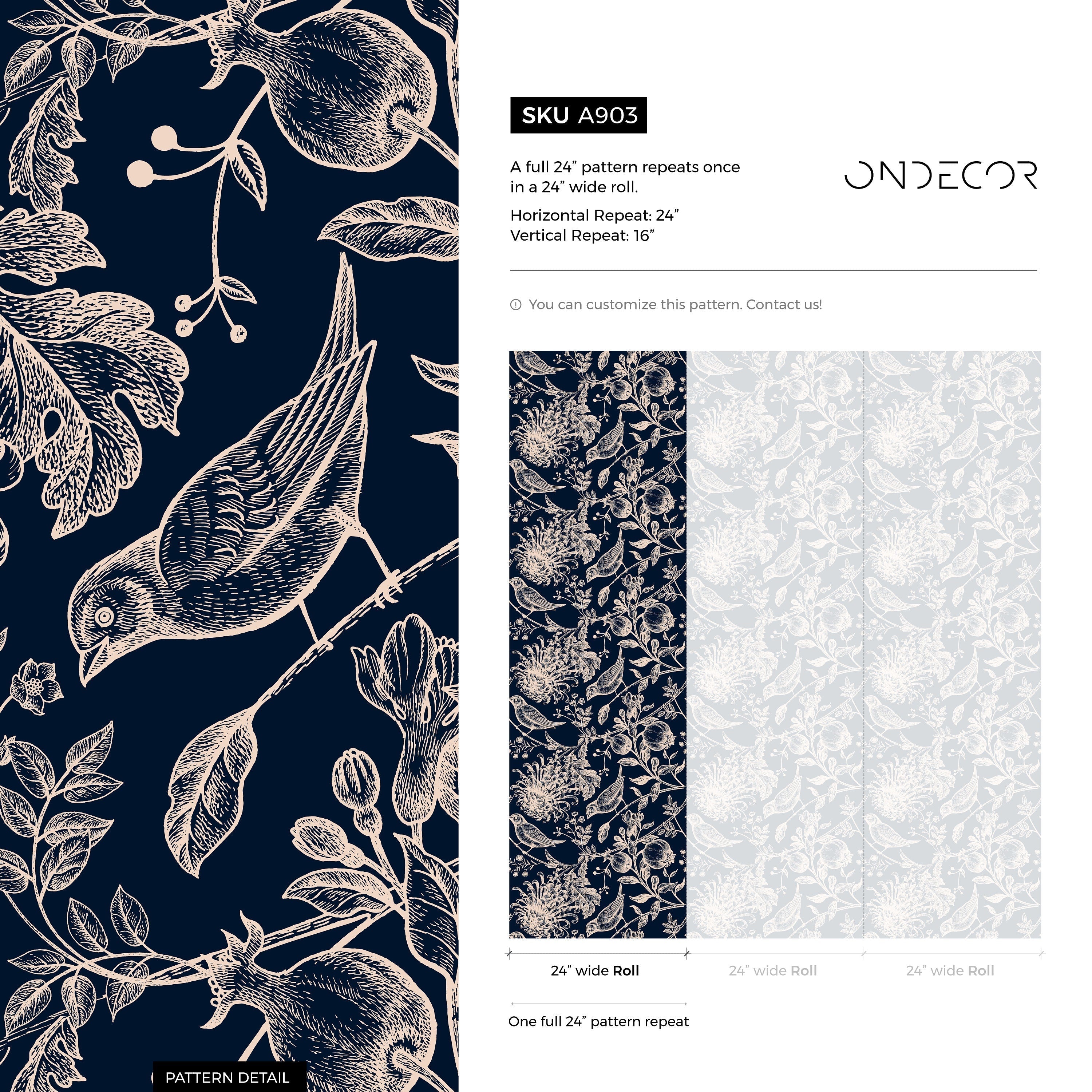 Chinoiserie Wallpaper With An Engraved Bird And Botanical Print In Navy Blue And Cream - A903