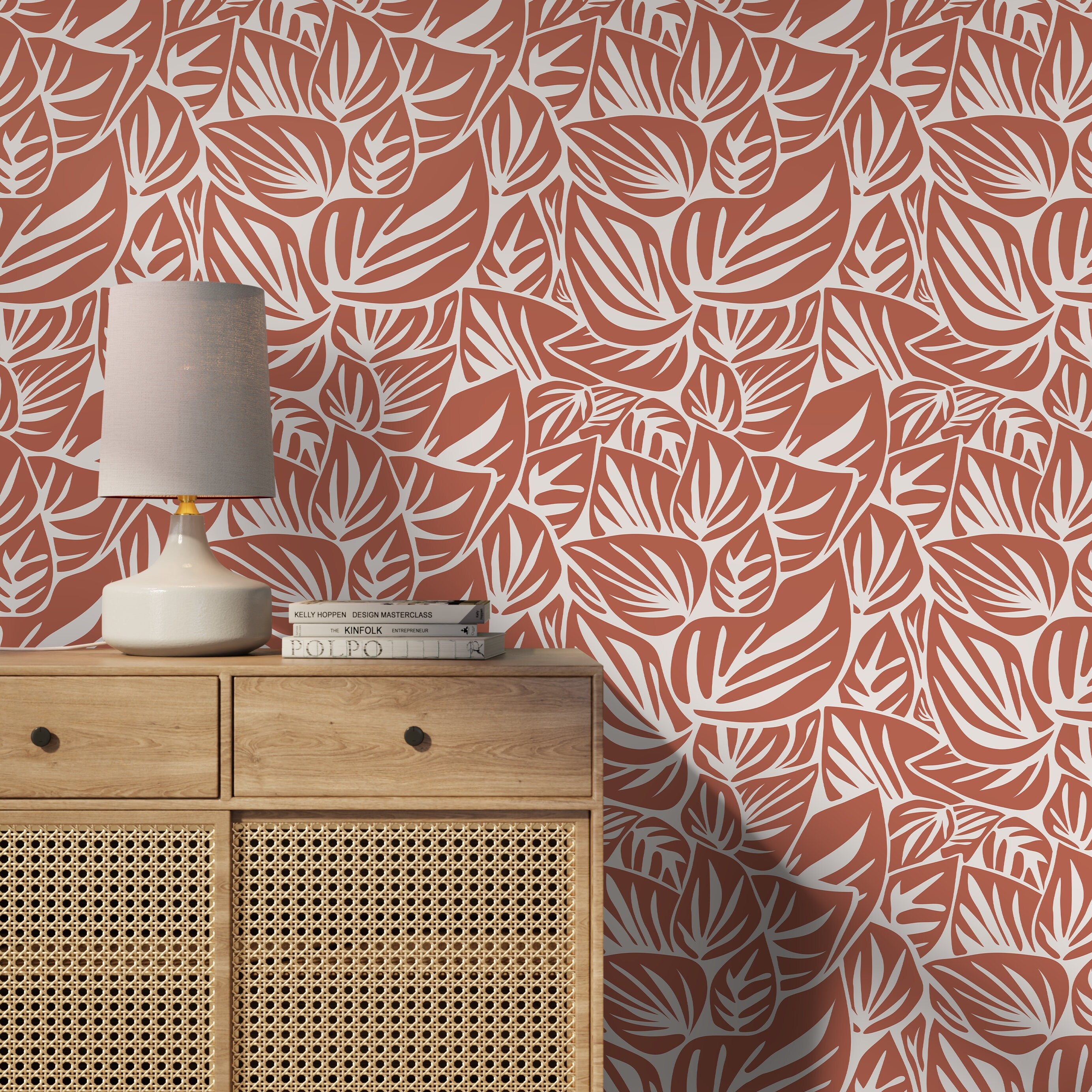 Botanical Wallpaper With A Modern Leaf Motif In Red And Cream - D650