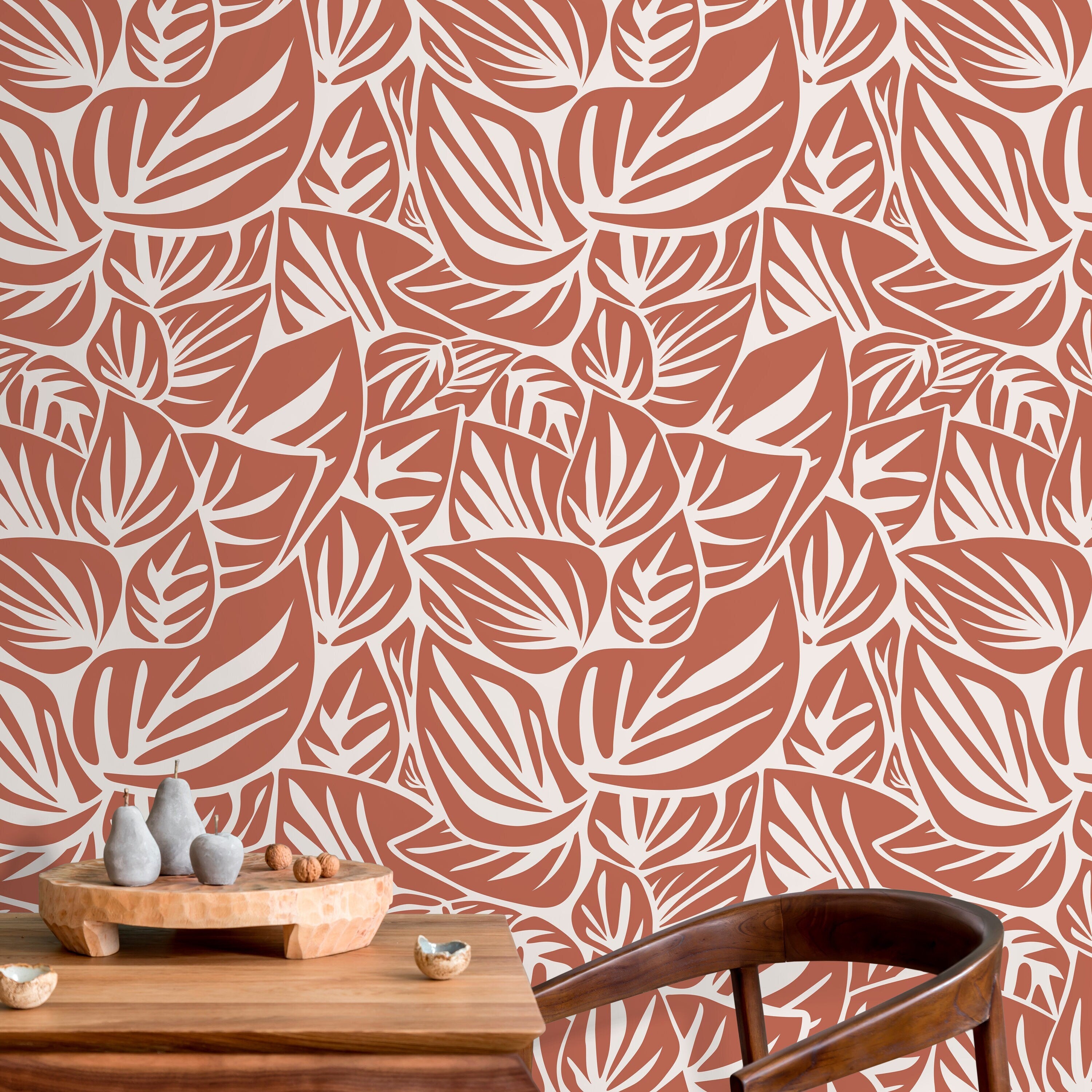 Botanical Wallpaper With A Modern Leaf Motif In Red And Cream - D650