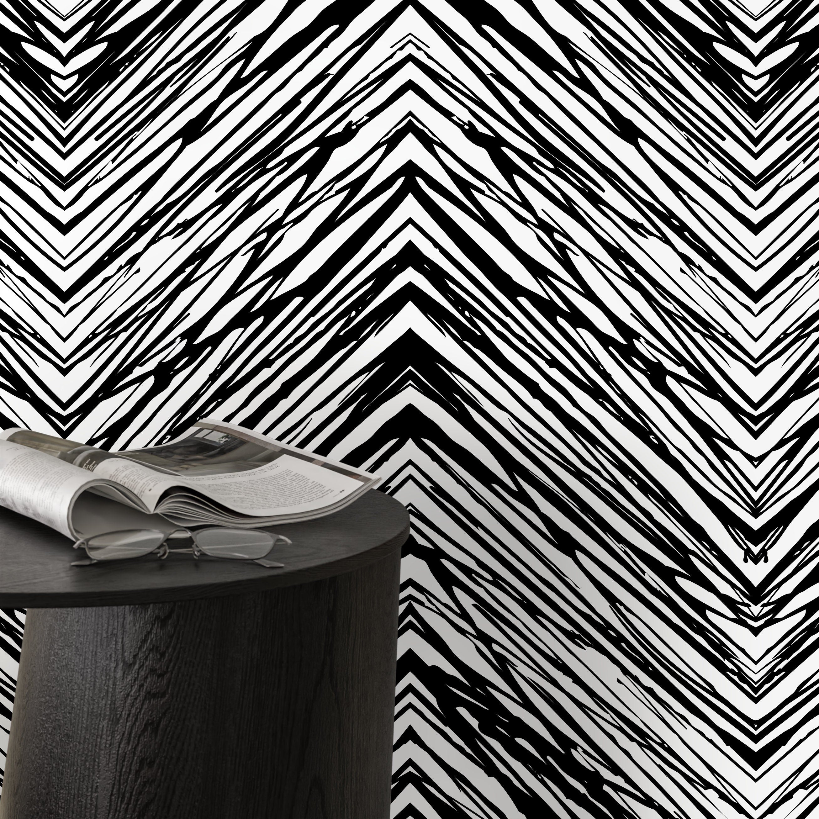 Geometric Wallpaper With A Sketched Chevron Motif In Black And White - D935