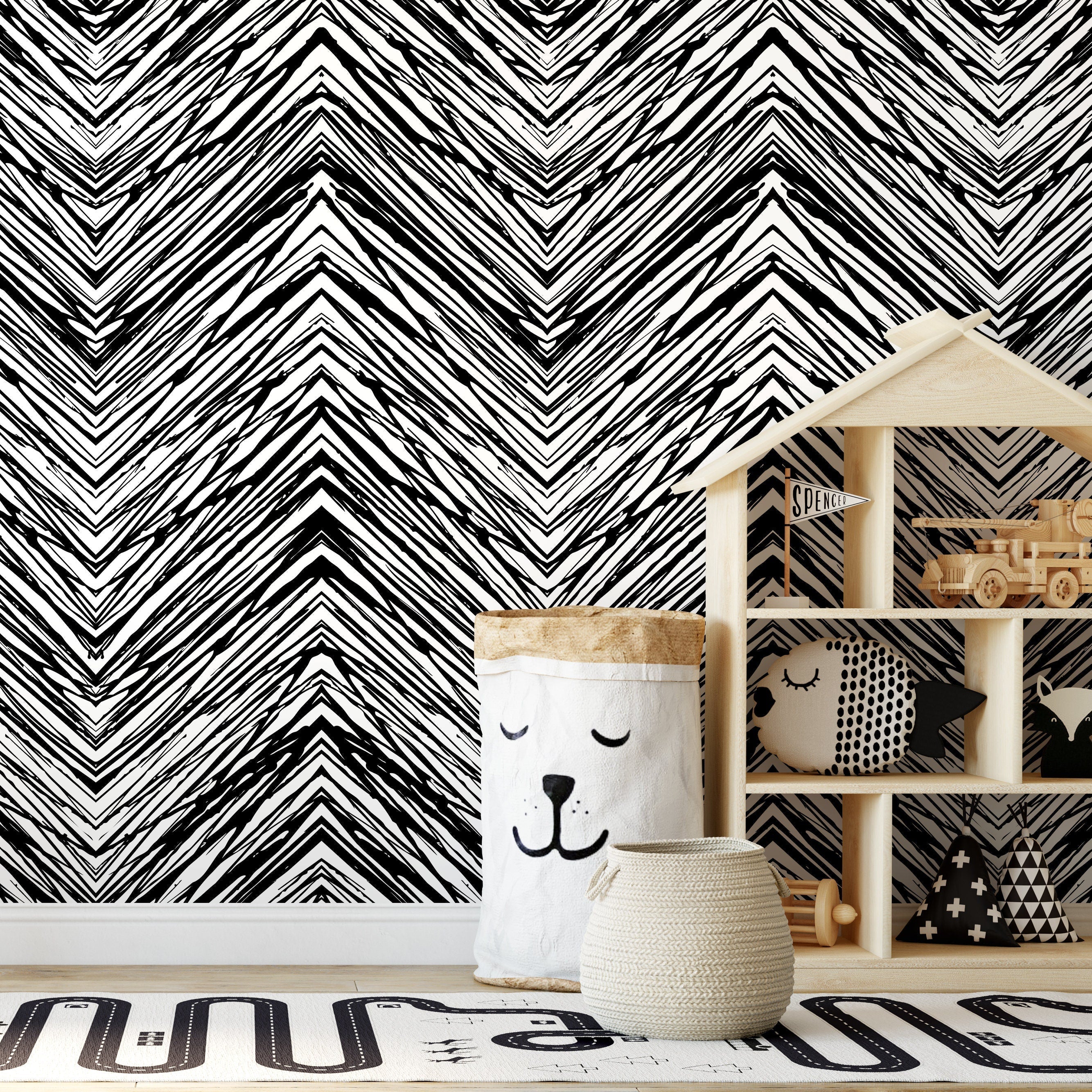 Geometric Wallpaper With A Sketched Chevron Motif In Black And White - D935