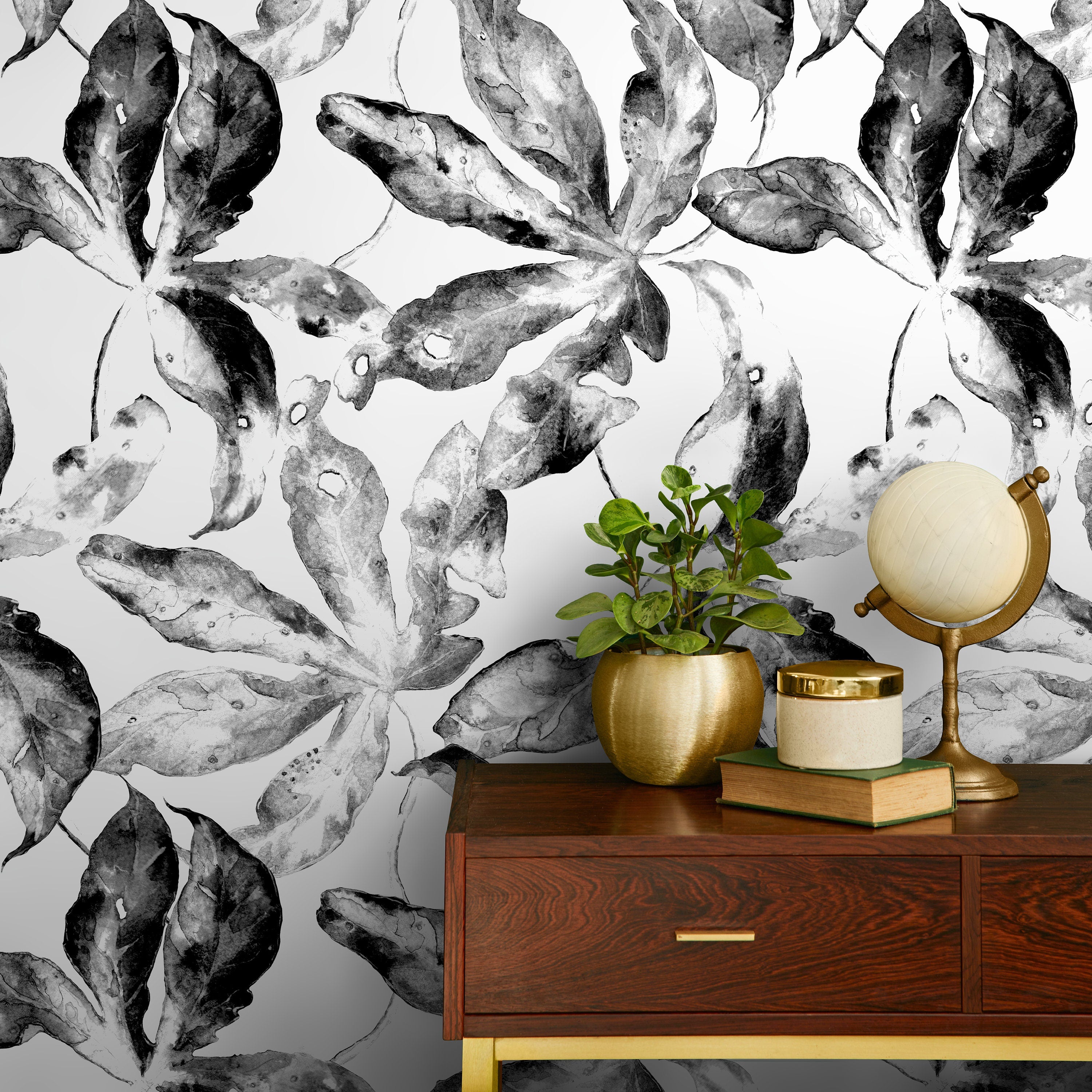 Botanical Wallpaper Featuring Painted Leaves In Black And White - D958