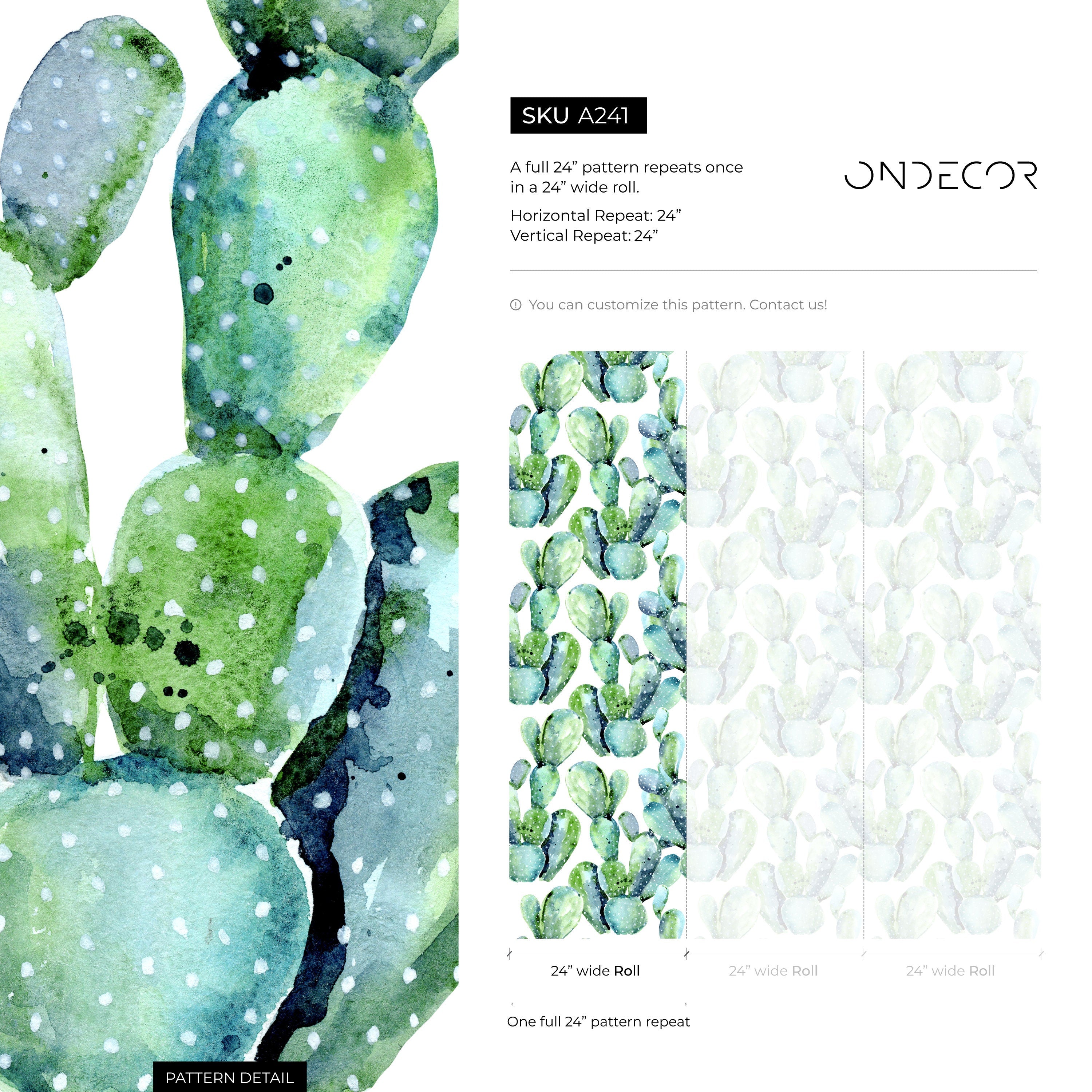Botanical Wallpaper With A Watercolor Cactus Motif In Green And Blue - A241