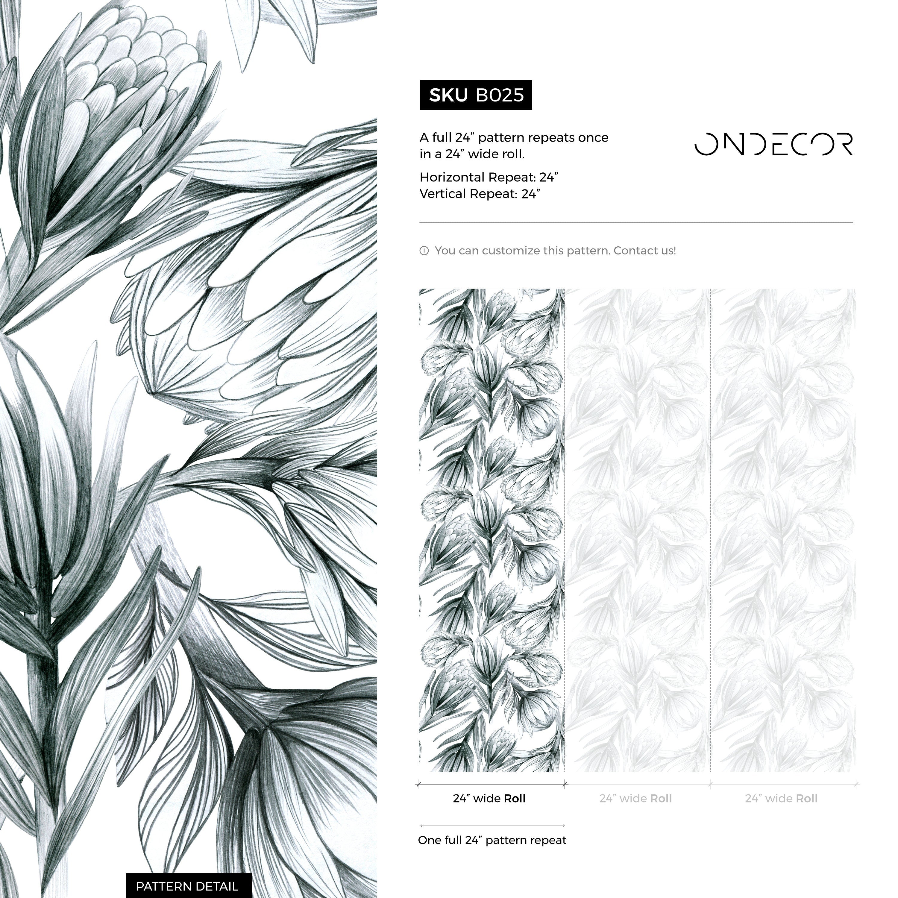 Floral Wallpaper With Hand-drawn Protea Flowers In Dark Green And Grey - B025