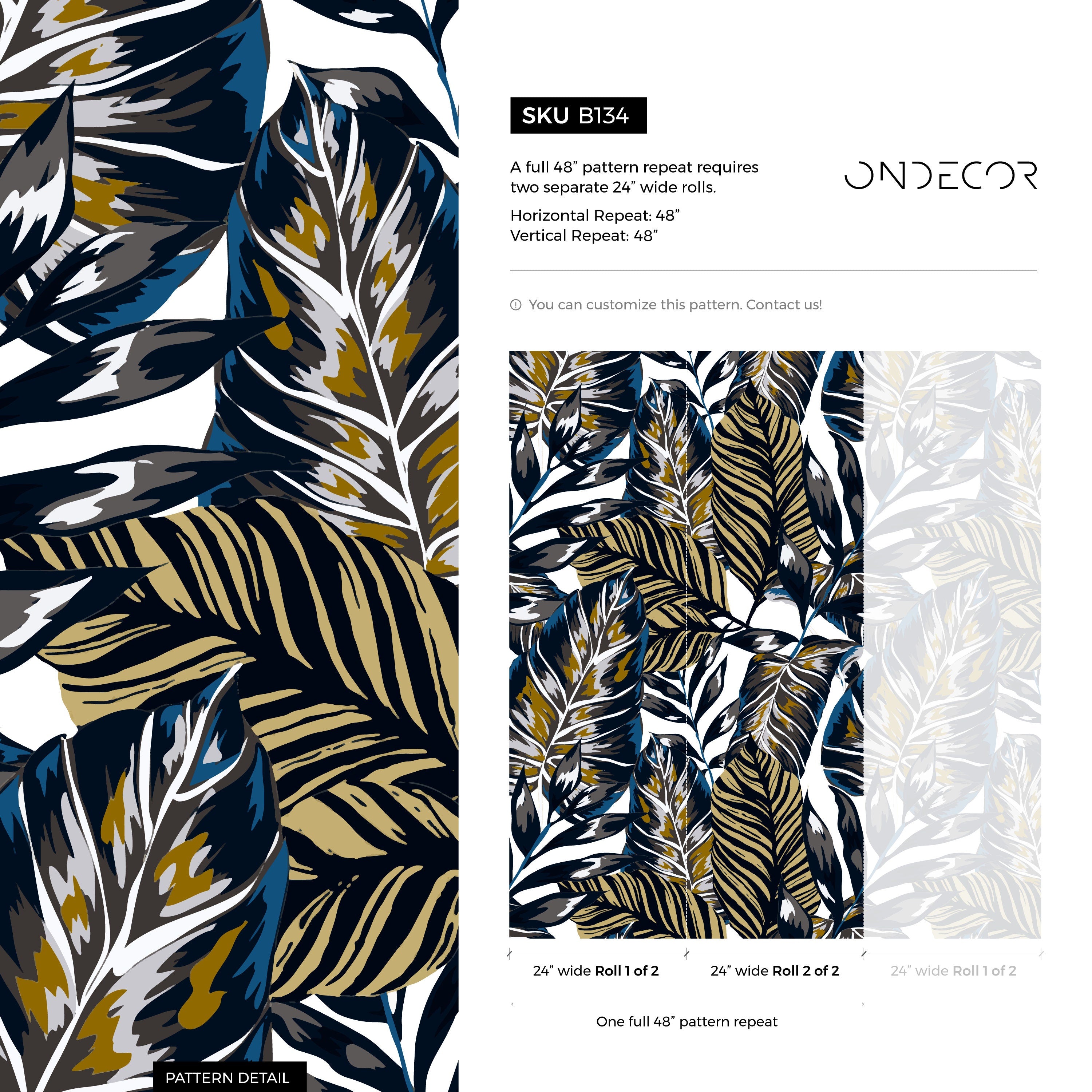 Botanical Wallpaper Featuring Bold Tropical Leaves In Blue, Gold, And Grey - B134
