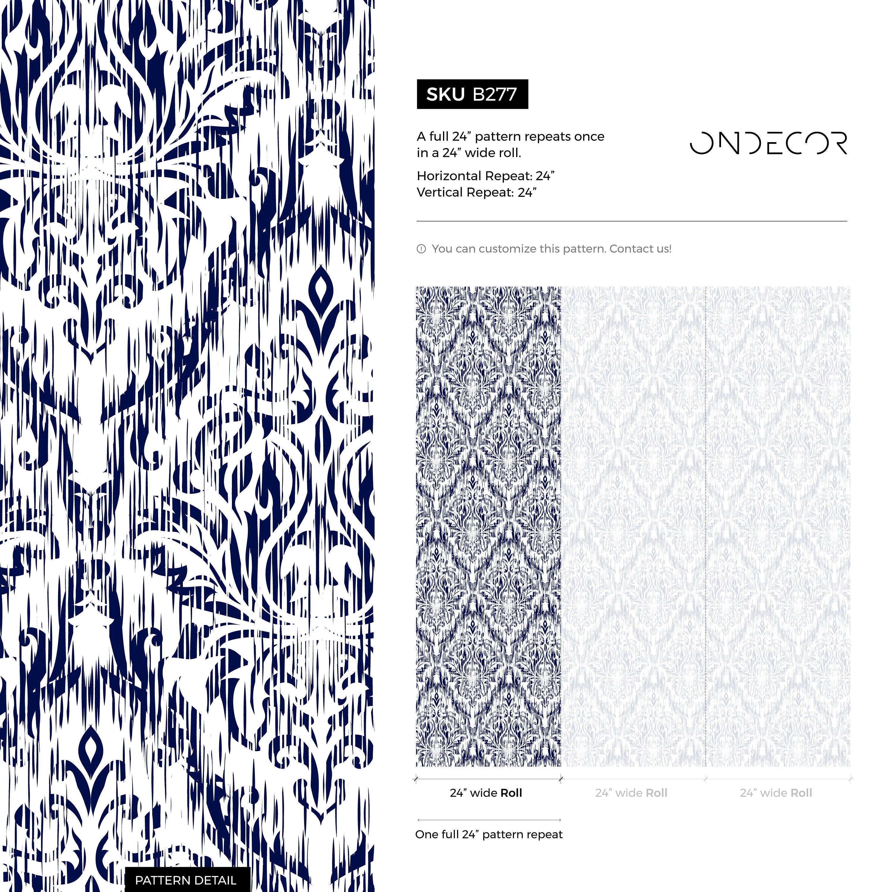 Ikat Wallpaper With A Modern Damask Motif In Navy Blue And White - B277