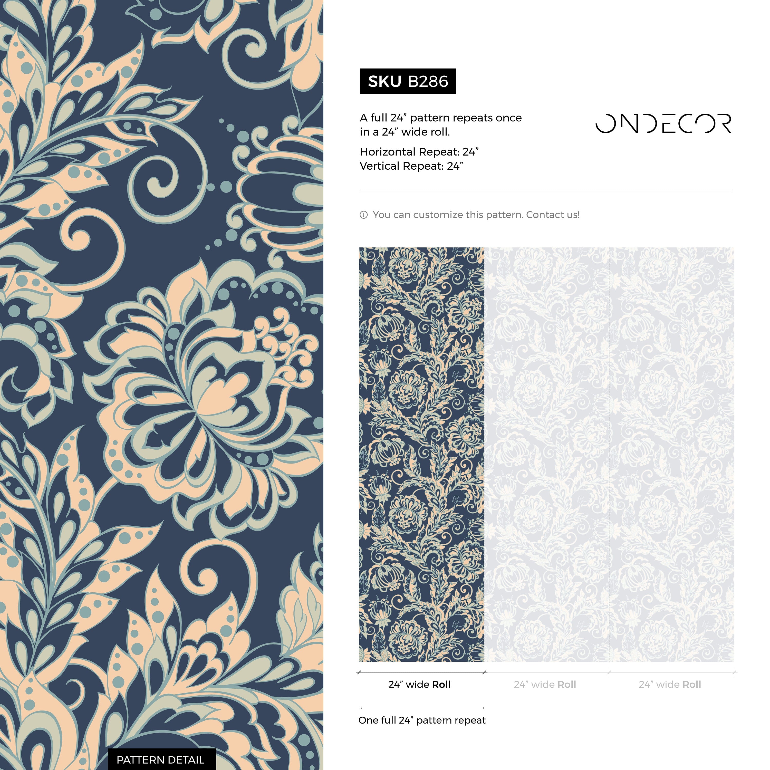 Floral Wallpaper With A Vintage Ornamental Style In Navy, Beige, And Blue - B286