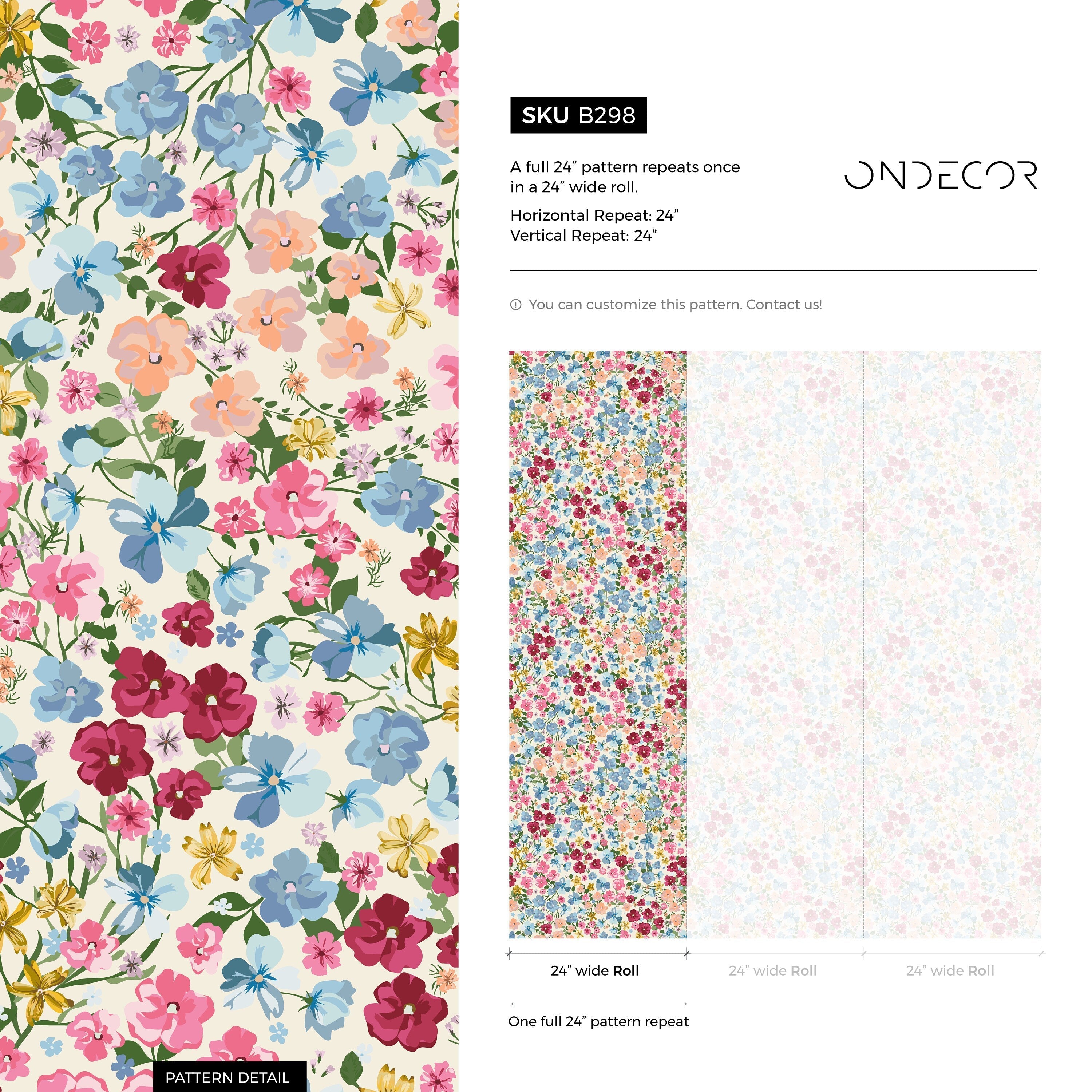 Floral Wallpaper With A Colorful Wildflower Meadow In Pink, Blue, And Yellow - B298