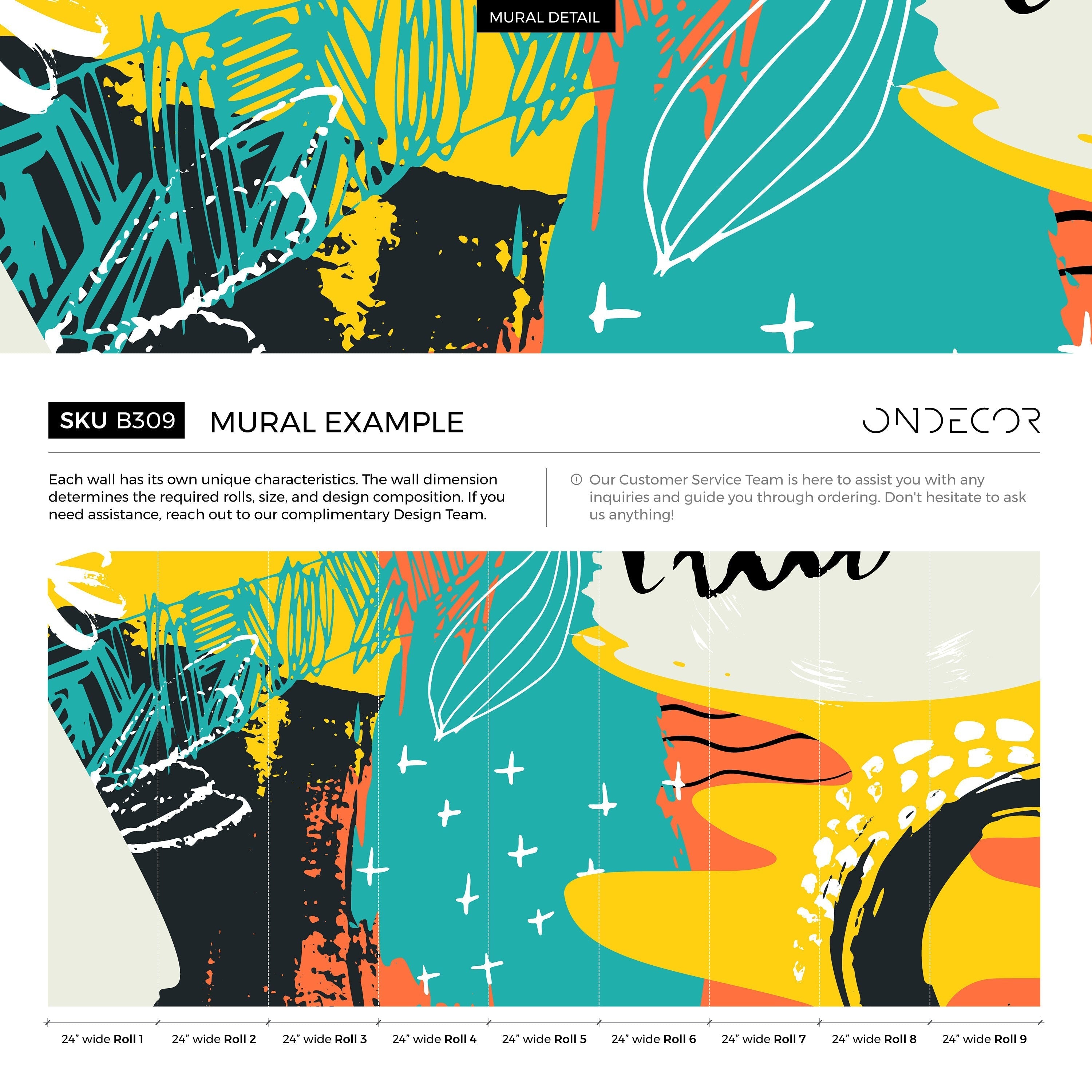Abstract Wallpaper With Bold Shapes And Scribbles In Teal, Yellow, And Black - B309