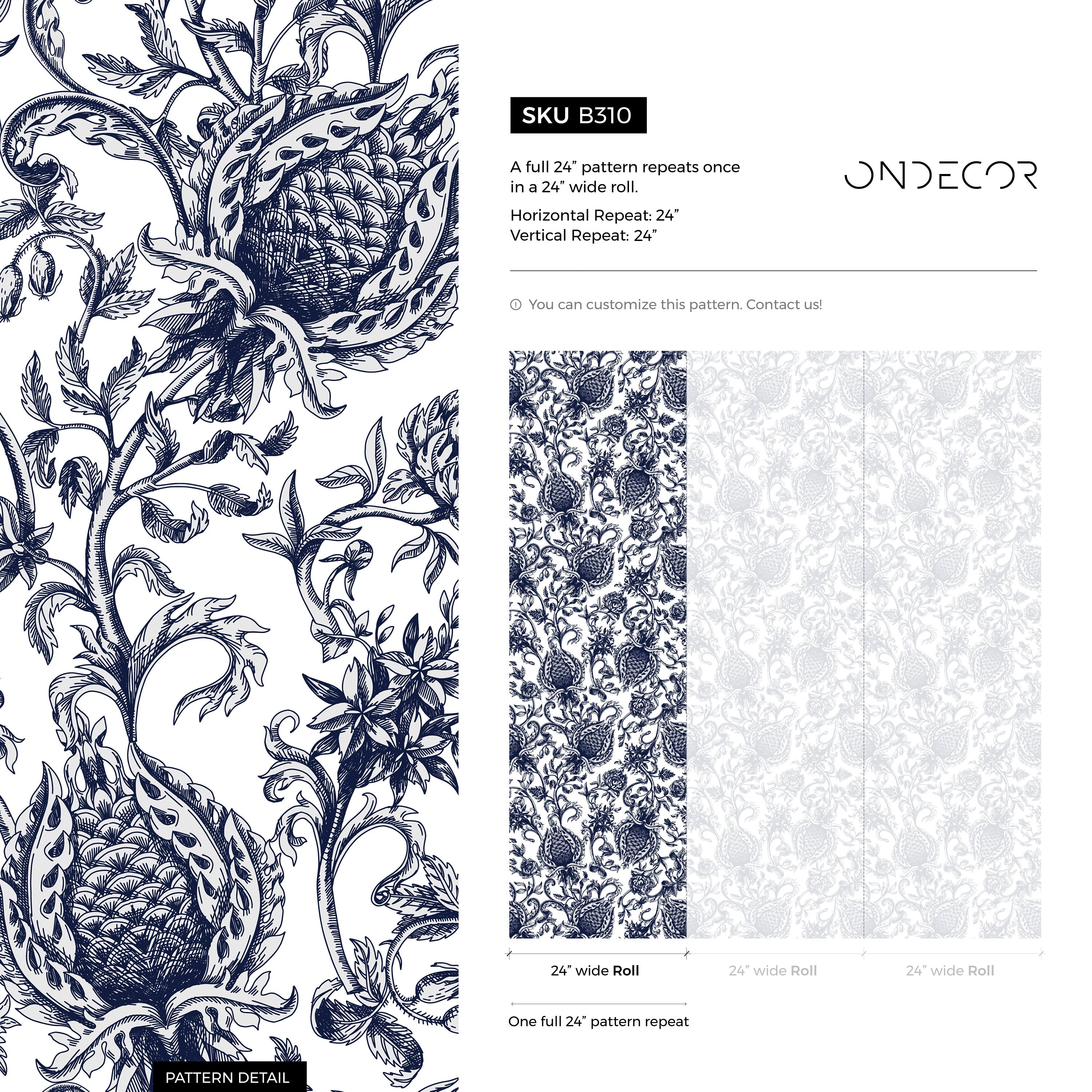 Vintage Floral Wallpaper With A Damask Motif In Navy Blue - B310