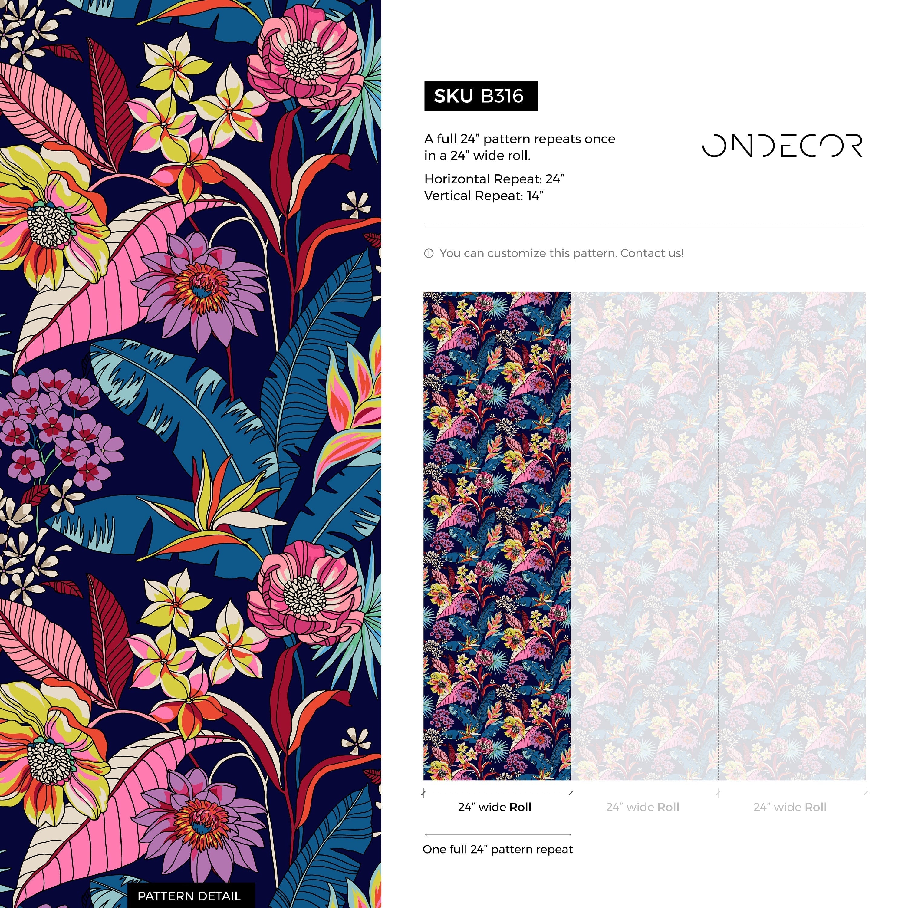 Botanical Wallpaper With Tropical Flowers And Leaves In Blue, Pink, And Yellow - B316