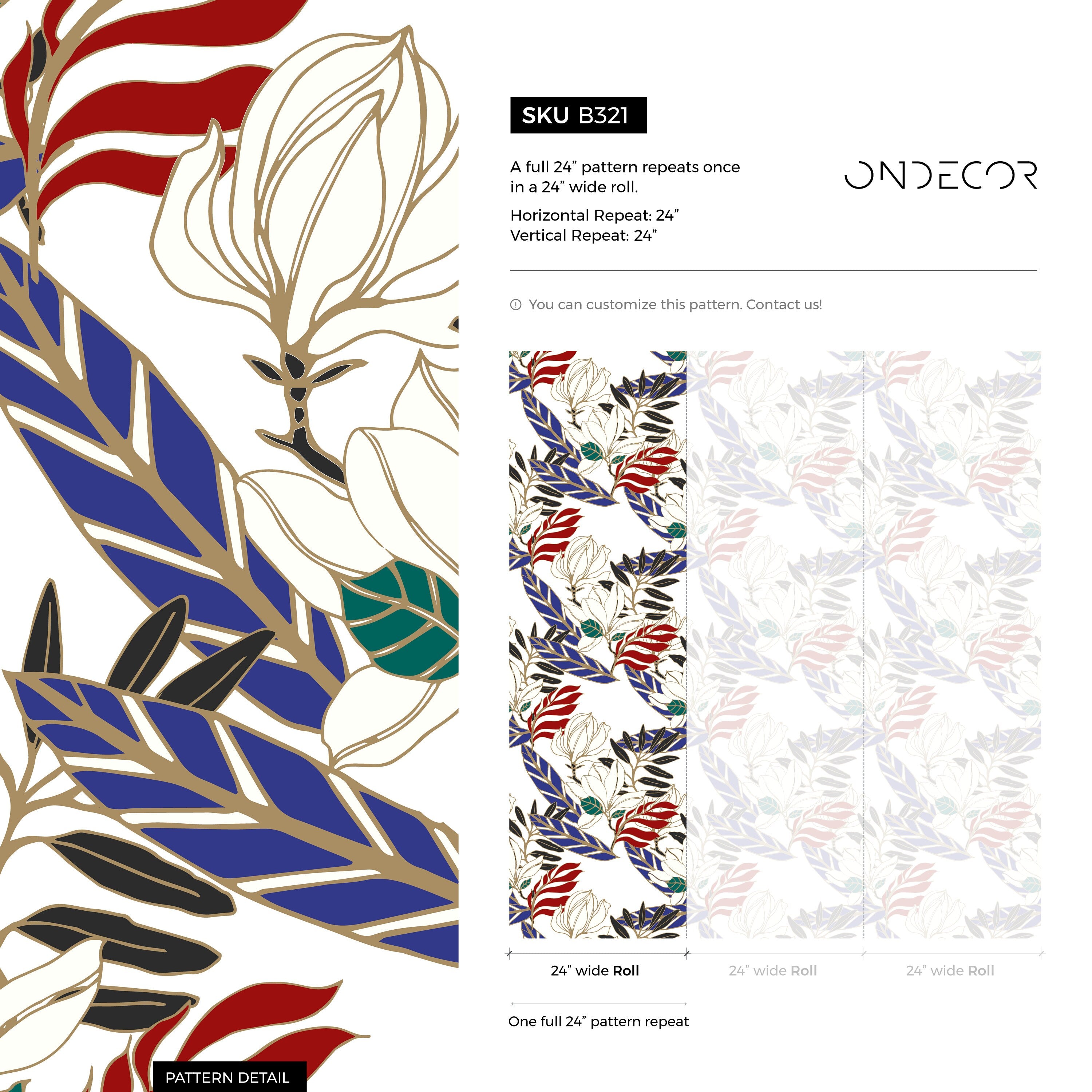 Floral Wallpaper With A Bold Botanical Print In Blue, Red, Black, And Gold - B321