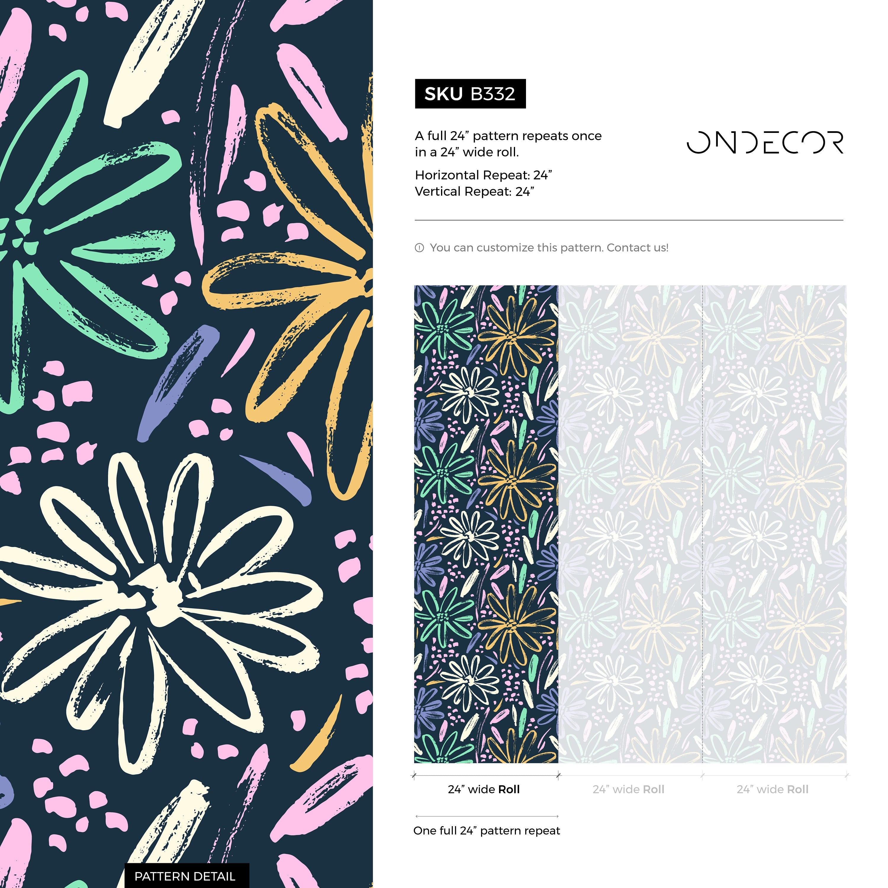 Floral Wallpaper With Painterly Brush Stroke Daisies In Yellow, Mint, And Blue - B332