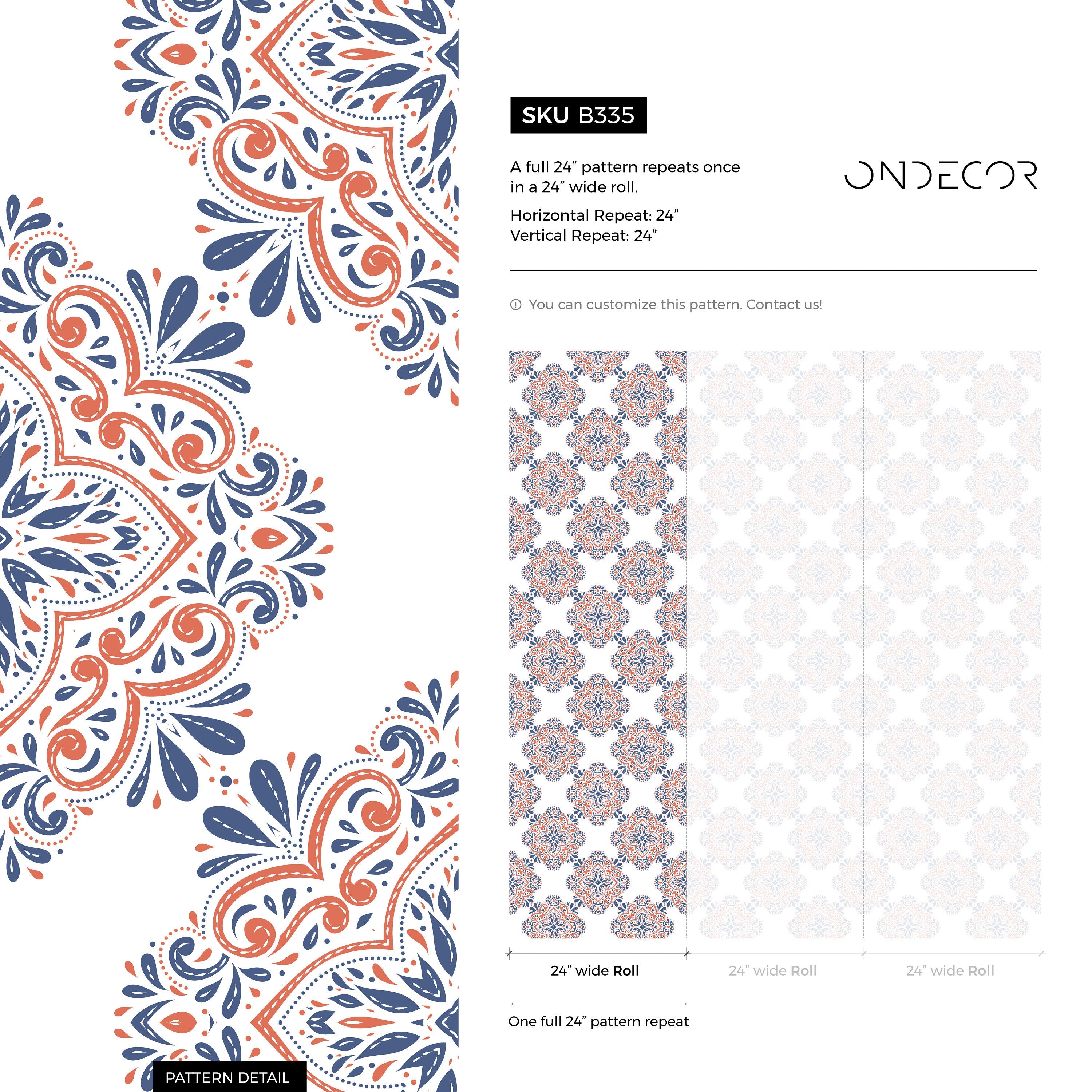 Damask Wallpaper With An Intricate Medallion Motif In Blue And Orange - B335